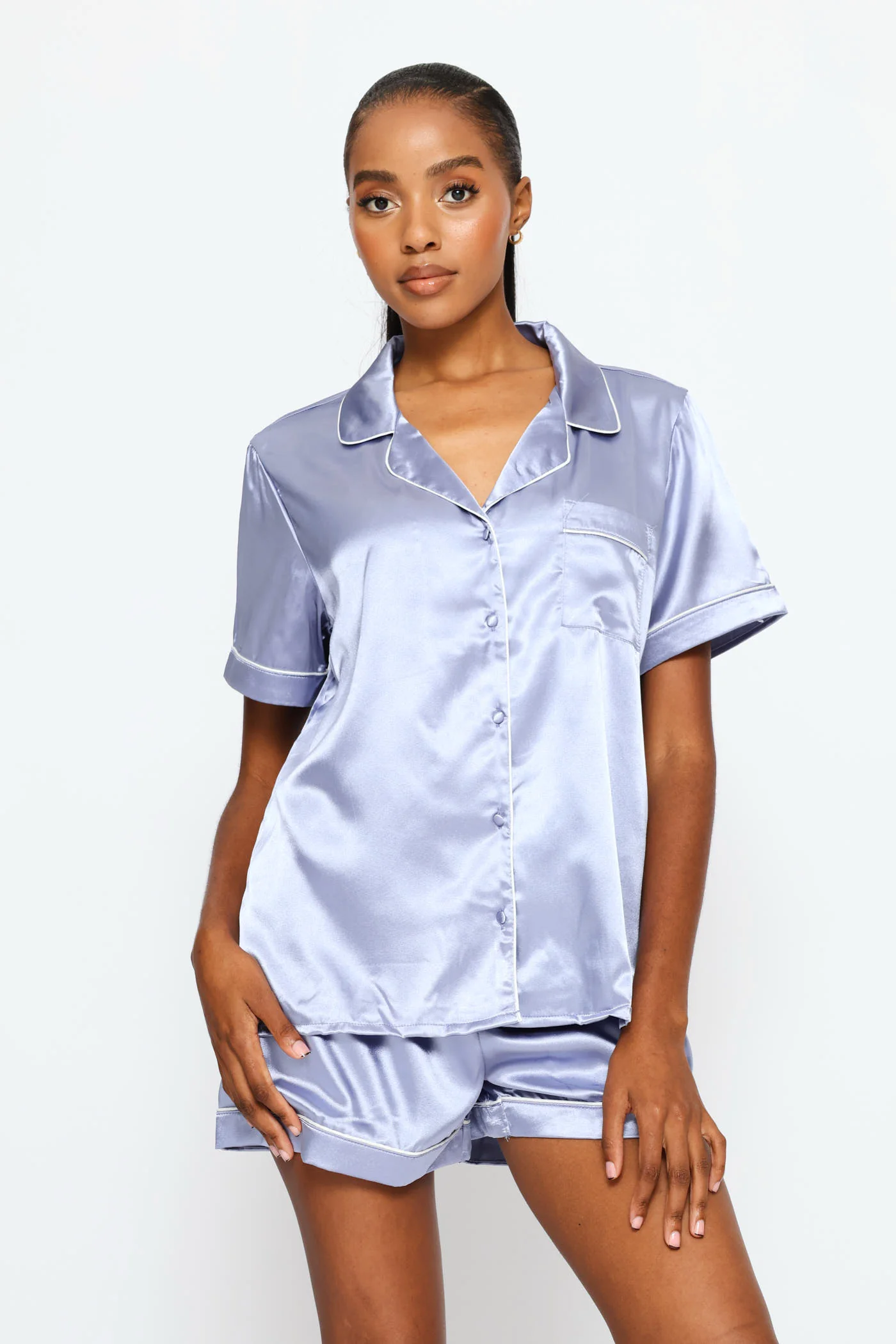 Satin Short Sleeve Button Through & Short Set - Blue - Image 3