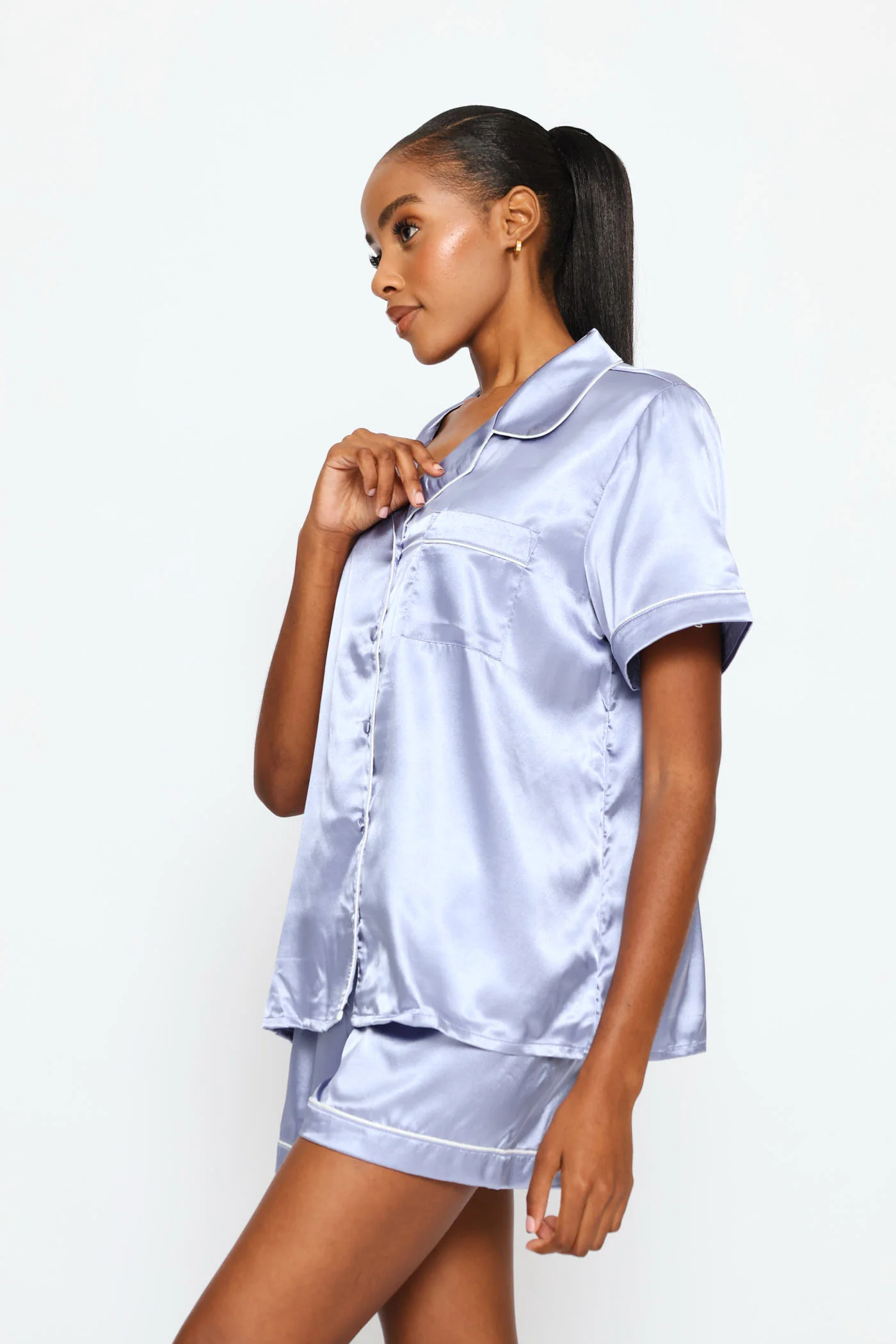 Satin Short Sleeve Button Through & Short Set - Blue - Image 4