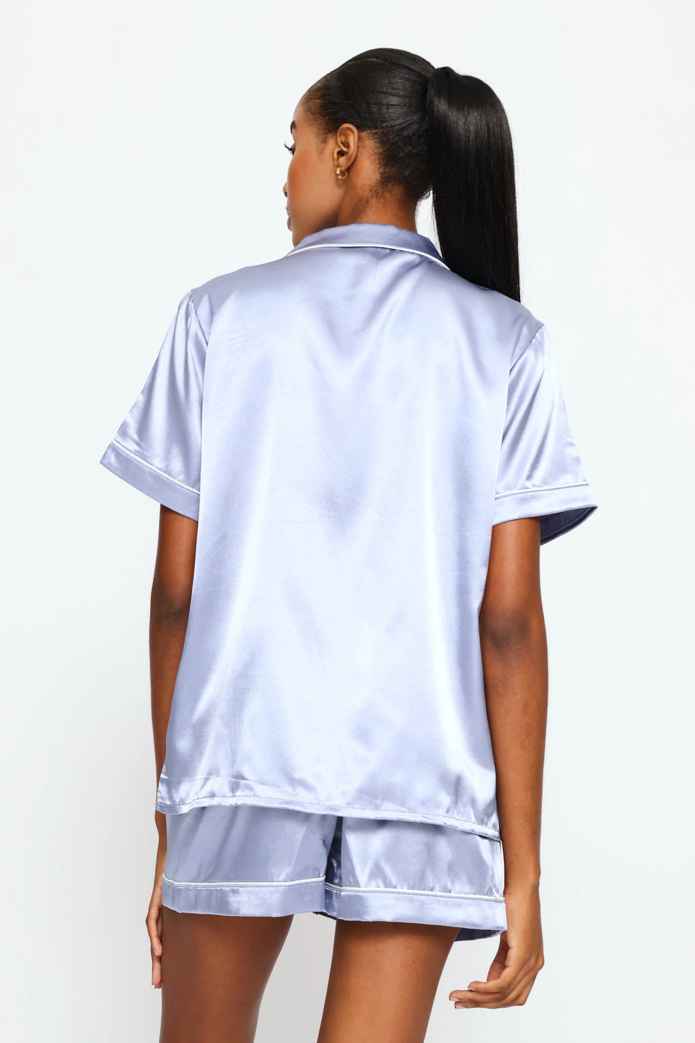 Satin Short Sleeve Button Through & Short Set - Blue - Image 5