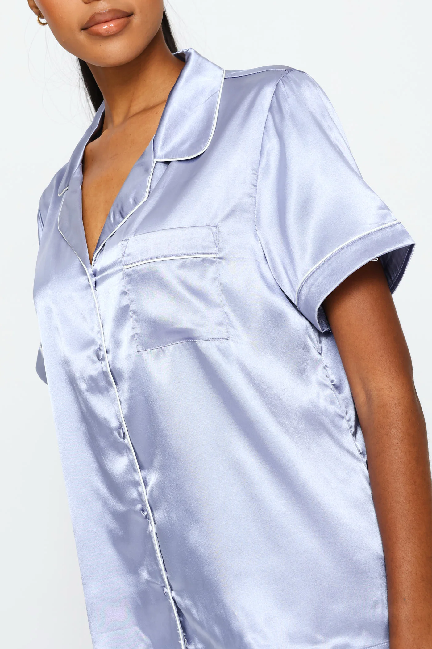 Satin Short Sleeve Button Through & Short Set - Blue - Image 6
