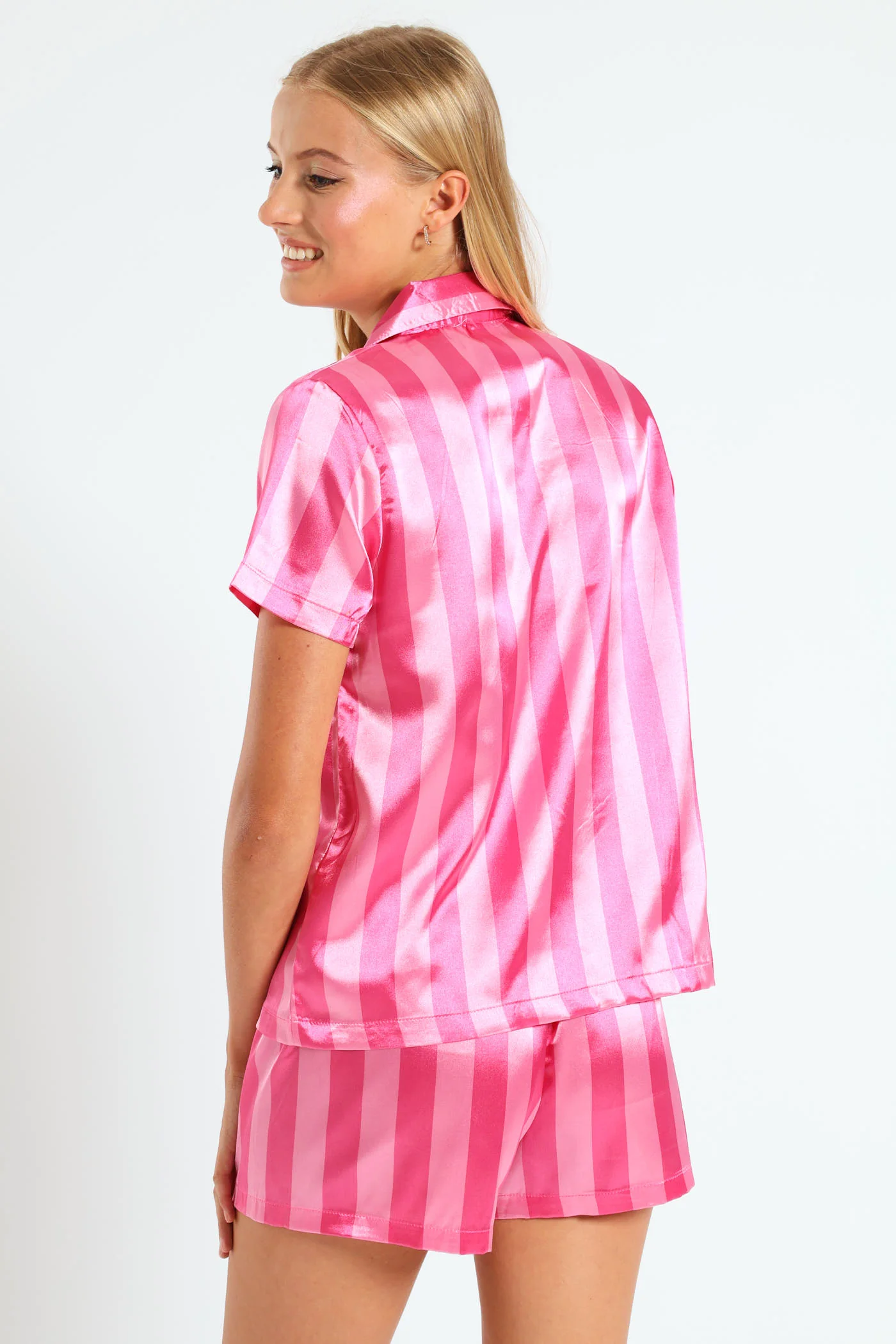 Satin Stripe Button Through & Short Set - Pink - Image 4