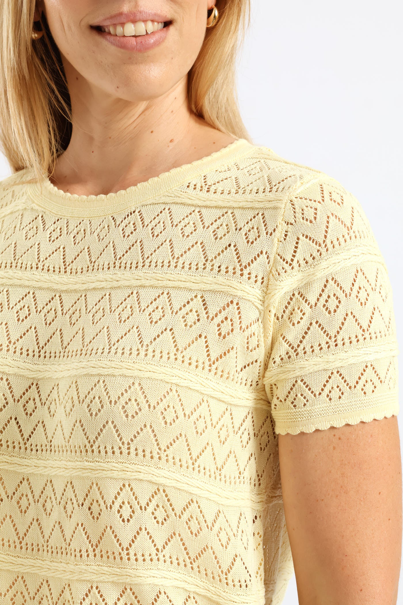 Scalloped Pointelle Detail Knitwear Top - Light Yellow - Image 2