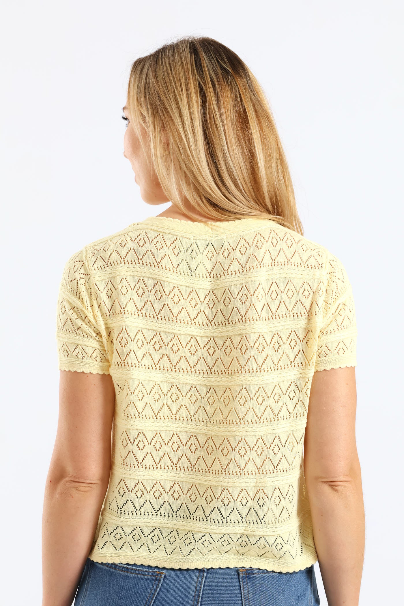 Scalloped Pointelle Detail Knitwear Top - Light Yellow - Image 3