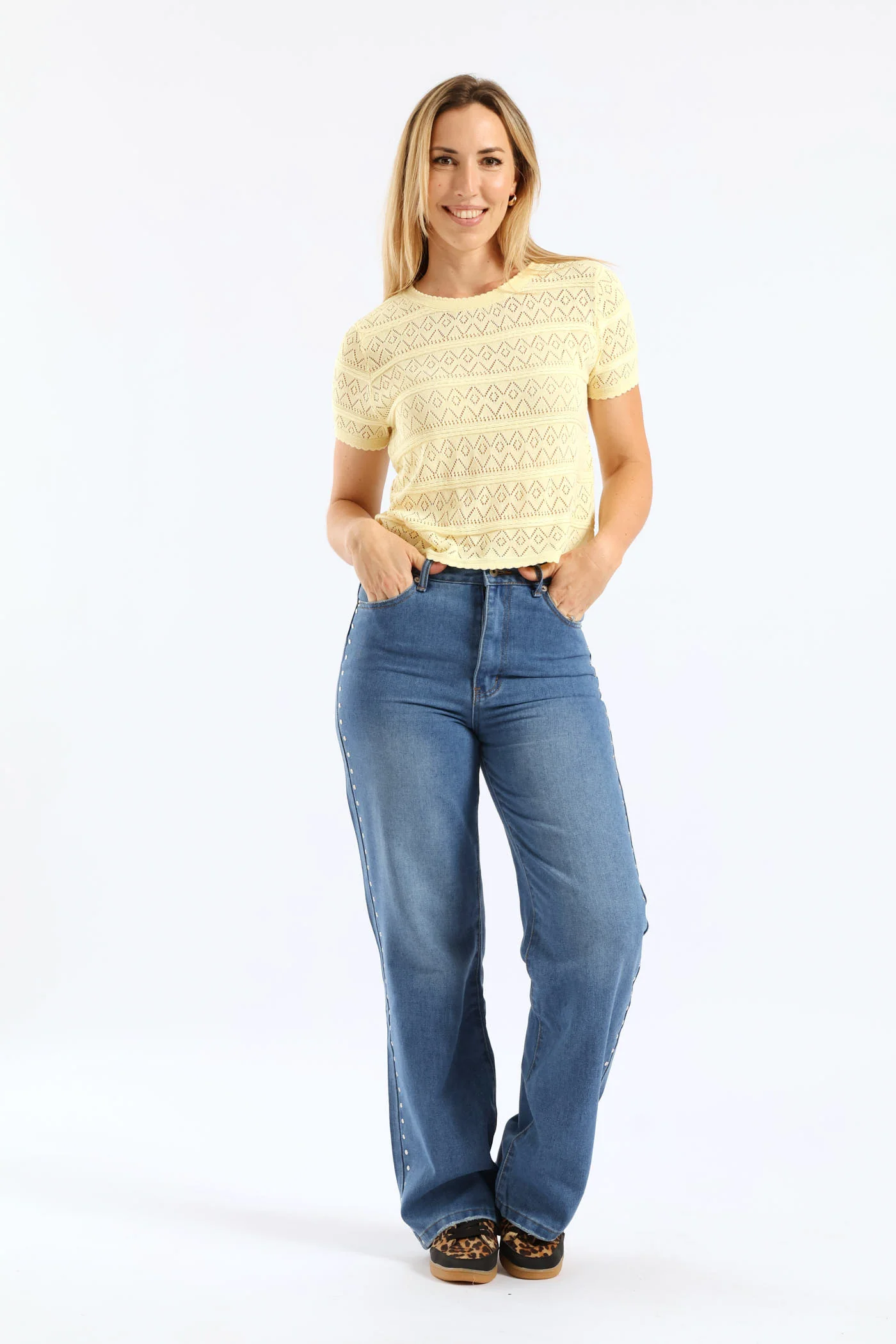 Scalloped Pointelle Detail Knitwear Top - Light Yellow - Image 5