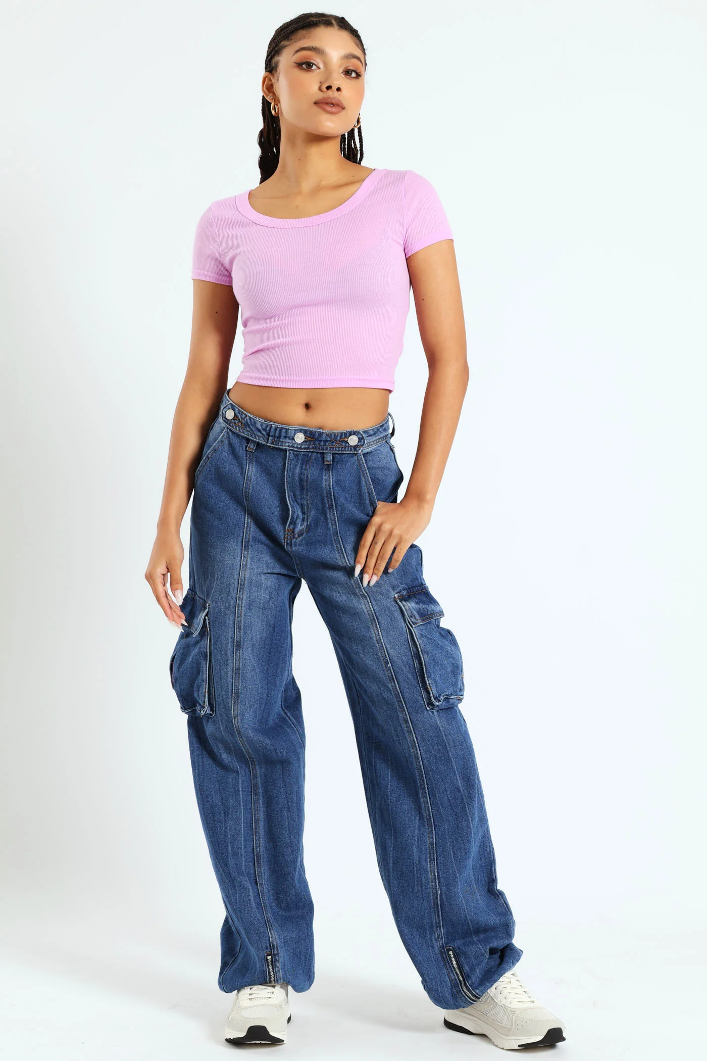 Scoop Neck Rib Crop Top - Pink - Image 3
