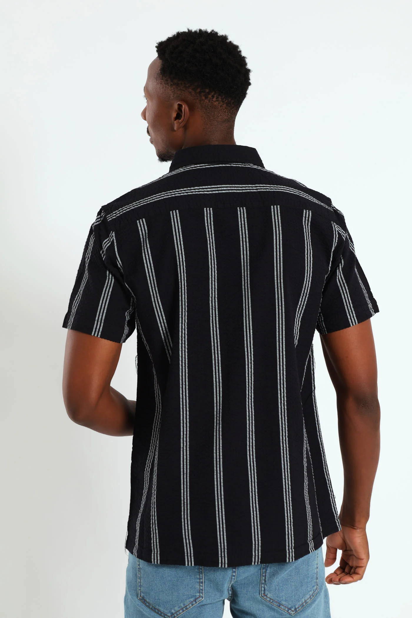 Seersucke Regular Collar Stripe Shirt - Black/White - Image 2