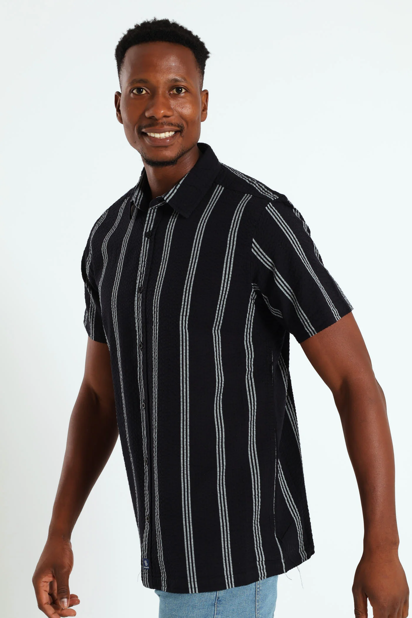 Seersucke Regular Collar Stripe Shirt - Black/White - Image 3