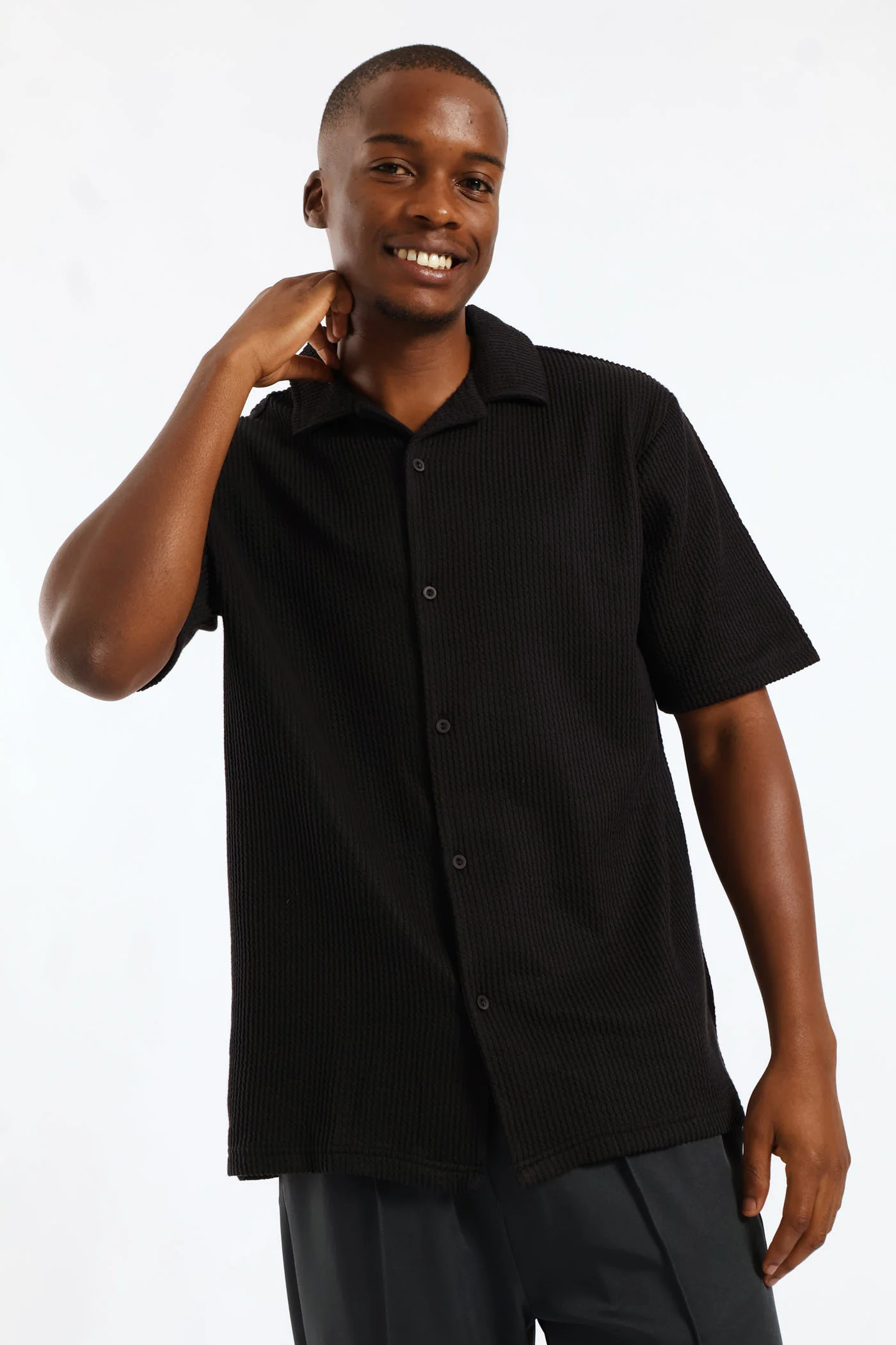 Seersucker Button Through Shirt - Black - Image 3