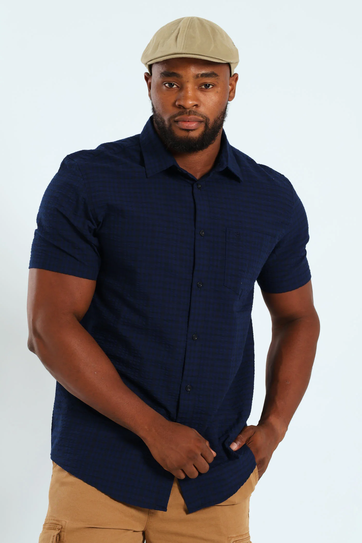 Seersucker Check Shirt - Navy - Image 3