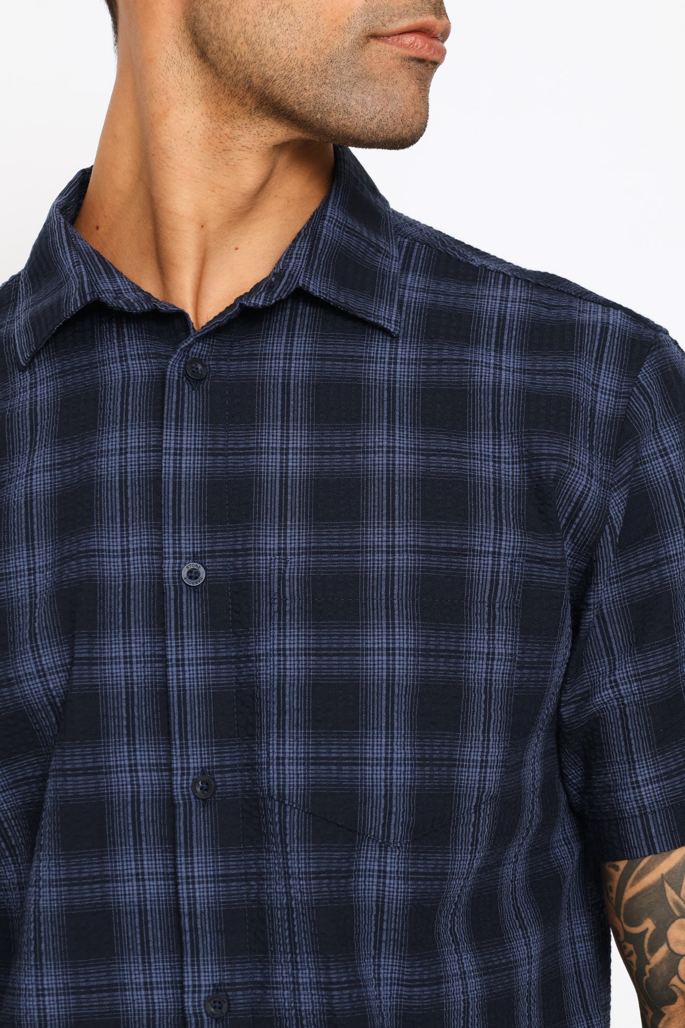 Seersucker Regular Check Shirt - Navy - Image 2