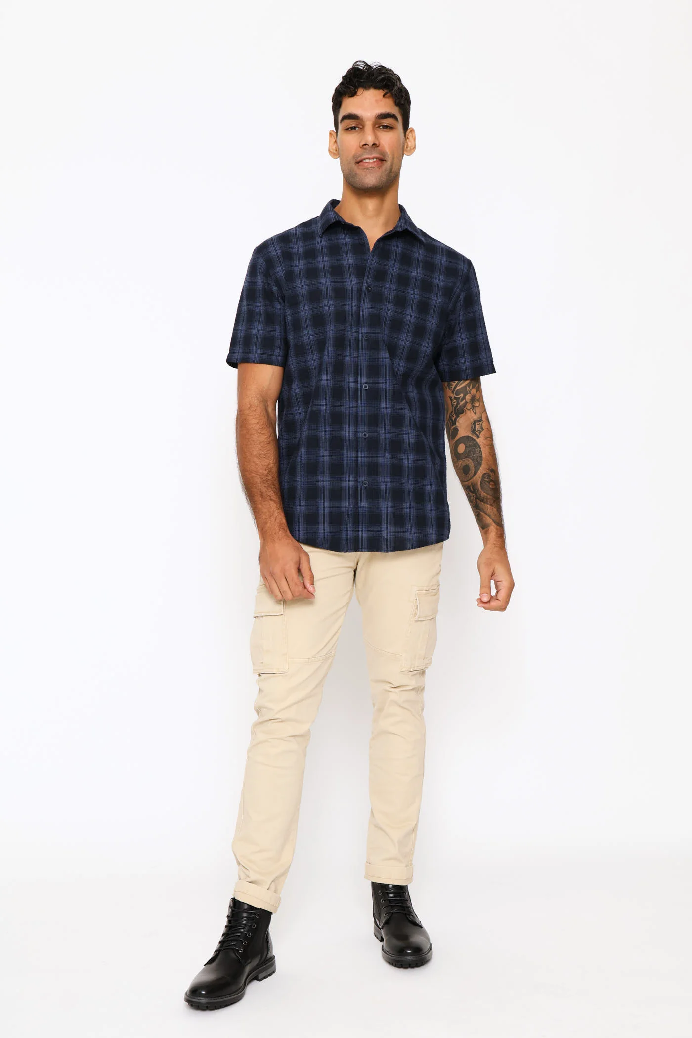 Seersucker Regular Check Shirt - Navy - Image 5