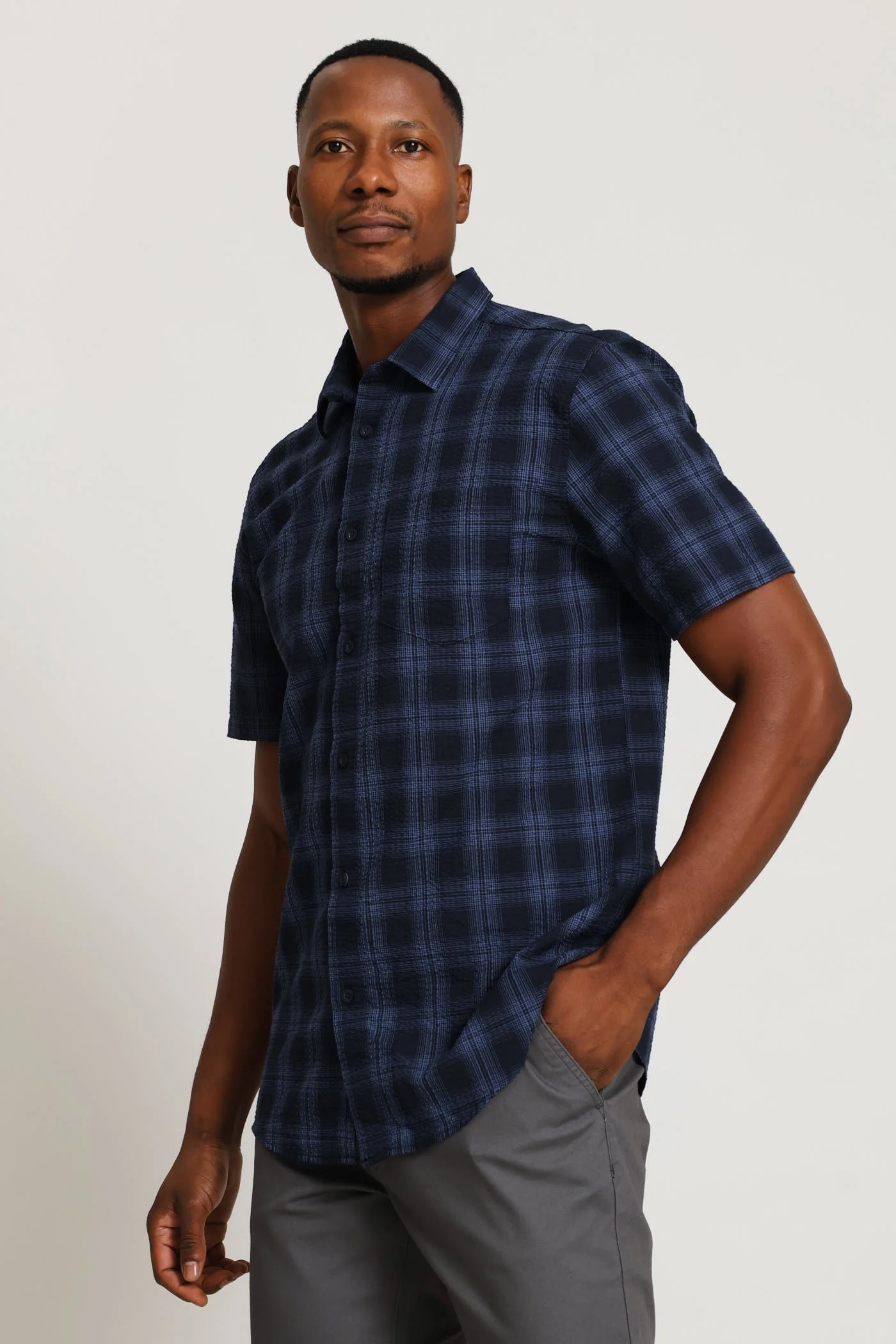 Seersucker Regular Check Shirt - Navy - Image 7