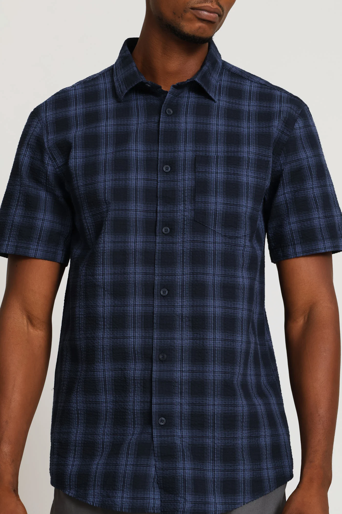 Seersucker Regular Check Shirt - Navy - Image 9