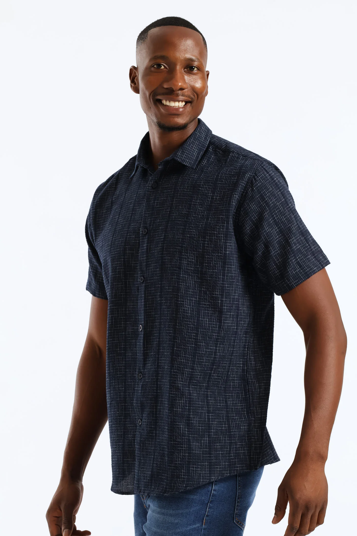 Seersucker Slub Check Regular Shirt - Navy - Image 3
