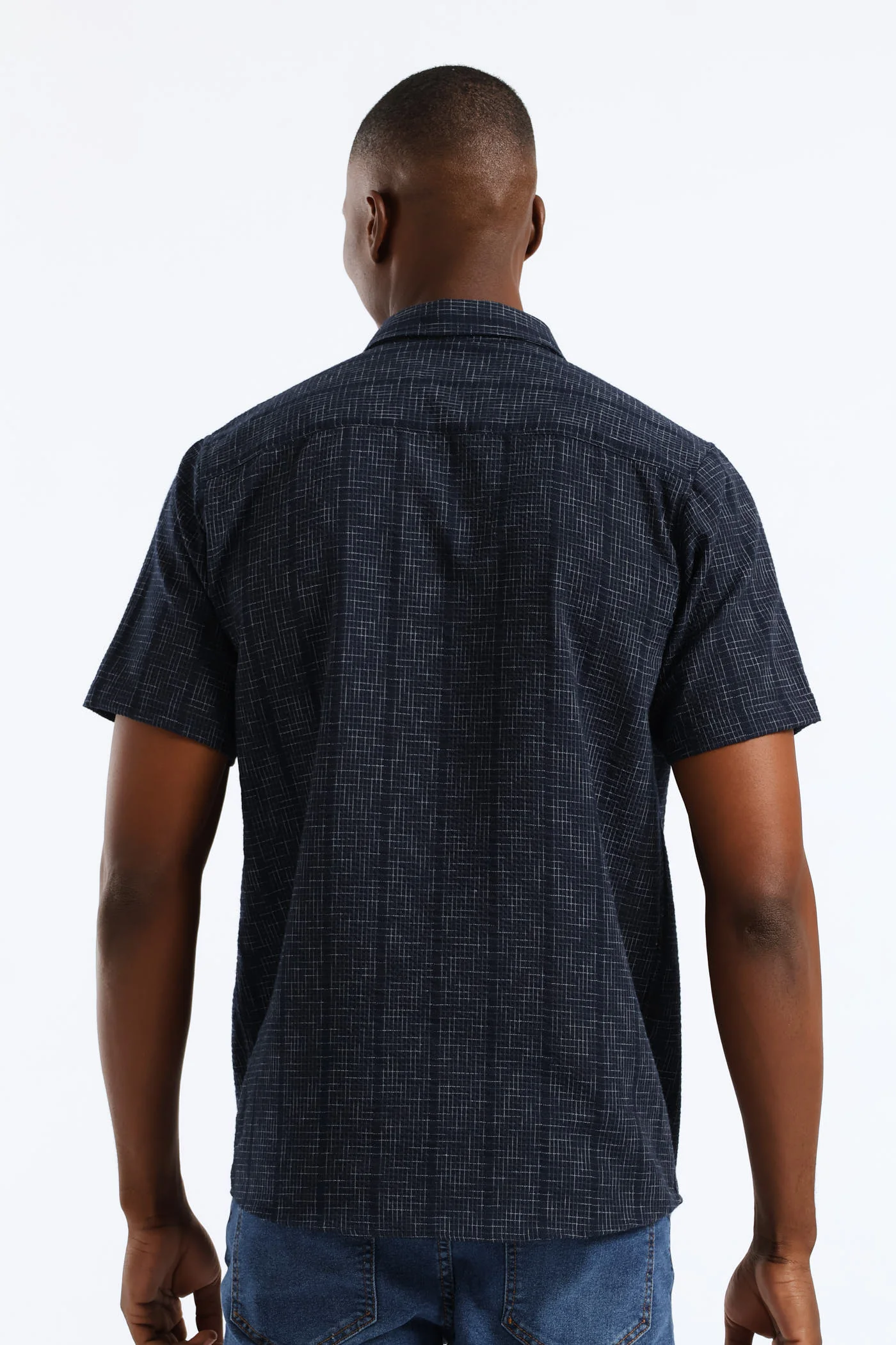 Seersucker Slub Check Regular Shirt - Navy - Image 4