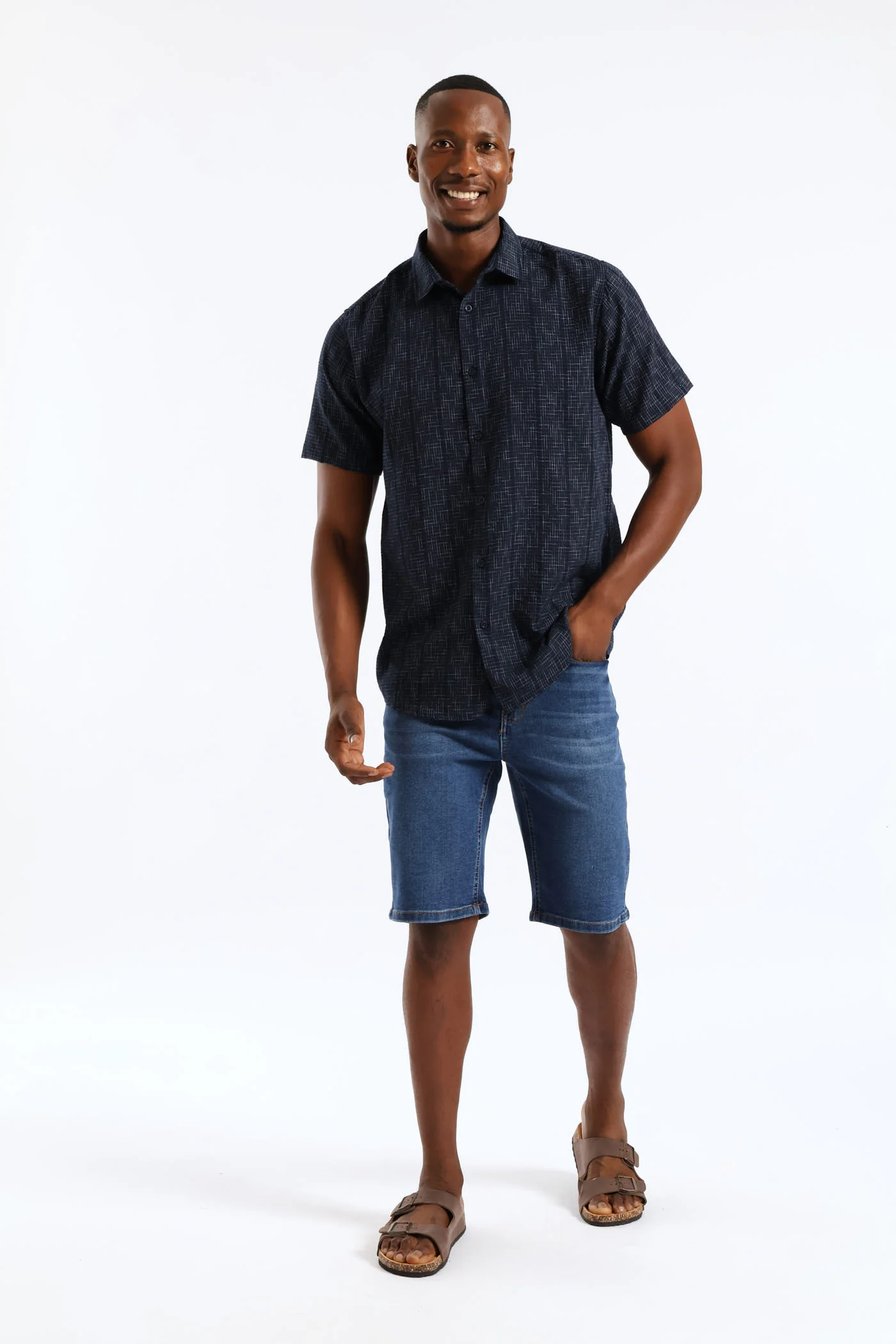 Seersucker Slub Check Regular Shirt - Navy - Image 5