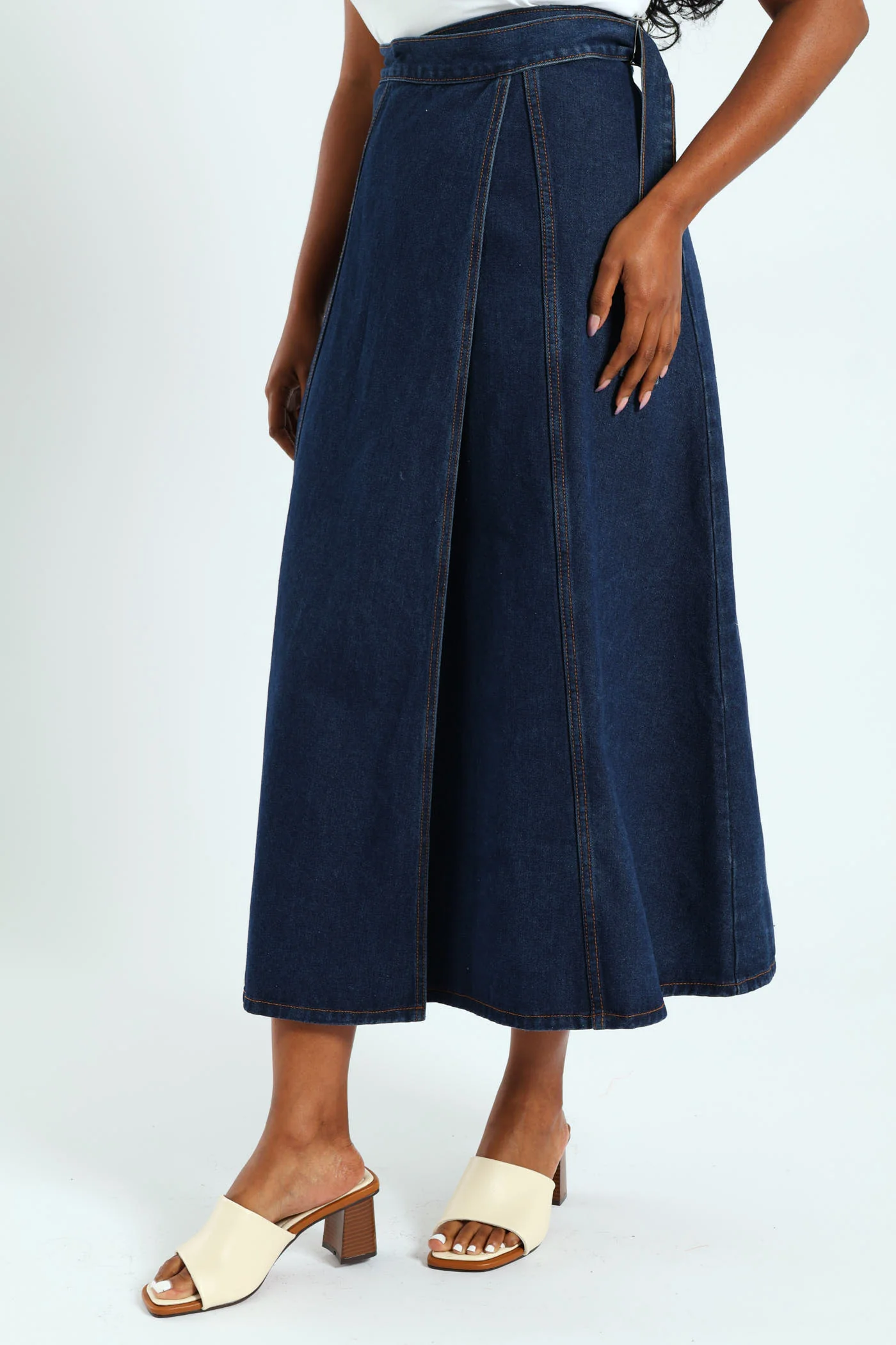 Self Belt Denim Wrap Cargo Pocket Maxi Skirt - Dark Wash - Image 3