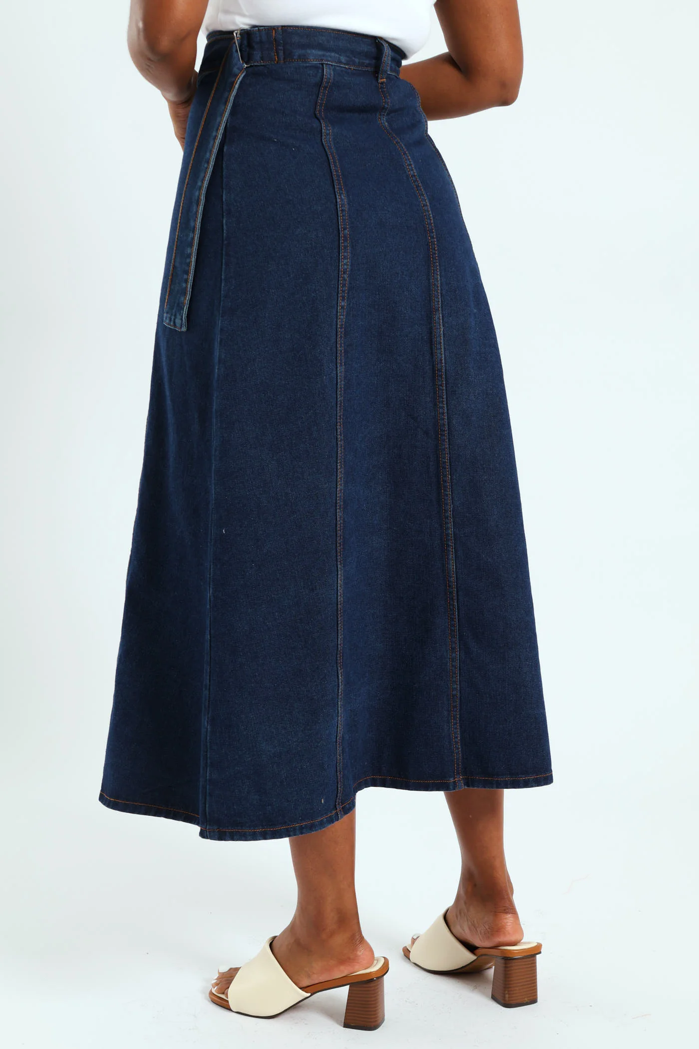 Self Belt Denim Wrap Cargo Pocket Maxi Skirt - Dark Wash - Image 4