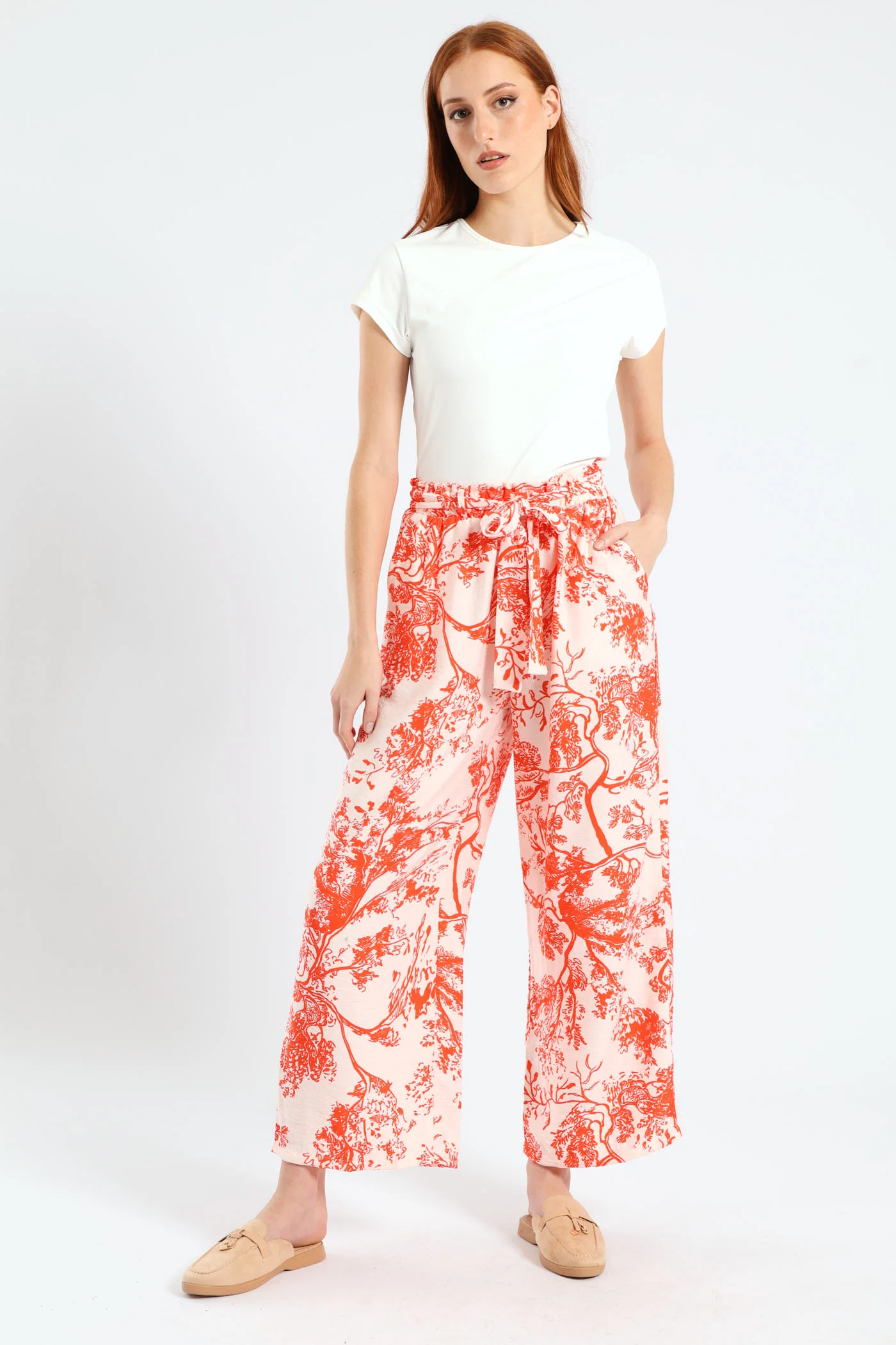 Self Belt Pull On Linen Culotte Pants - White/Orange - Image 3