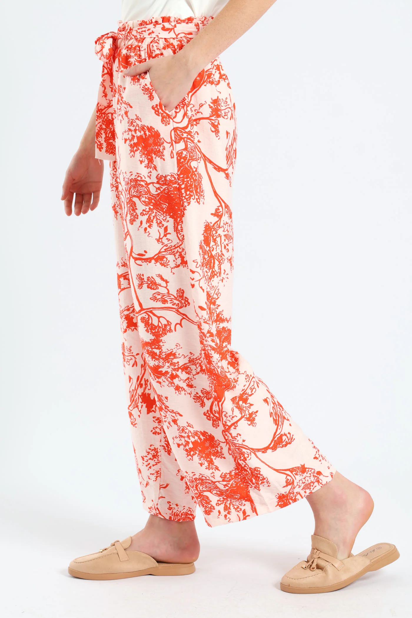 Self Belt Pull On Linen Culotte Pants - White/Orange - Image 4