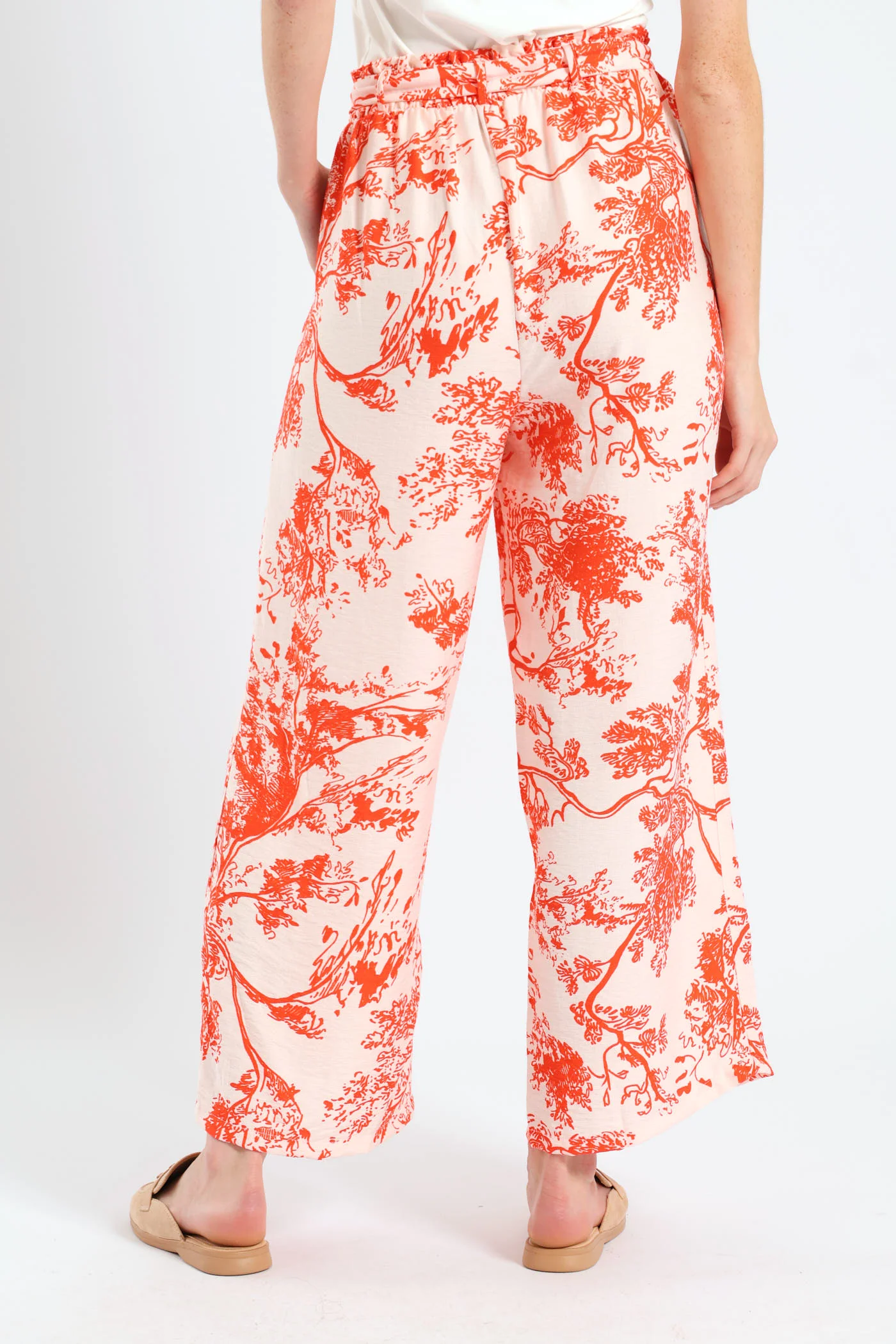 Self Belt Pull On Linen Culotte Pants - White/Orange - Image 6