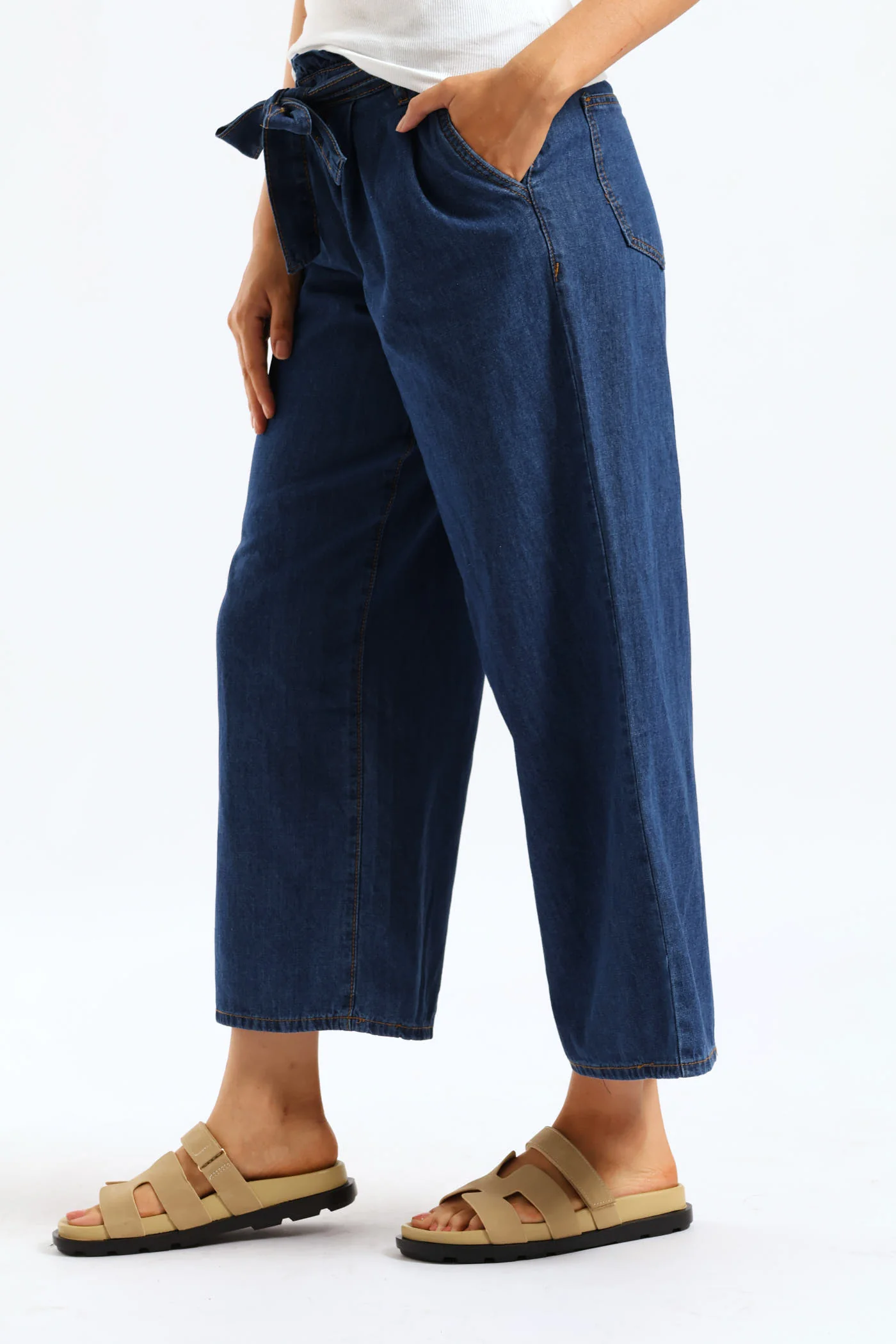 Self Belted Paperbag Straight Leg Denim - Medium Wash - Image 2