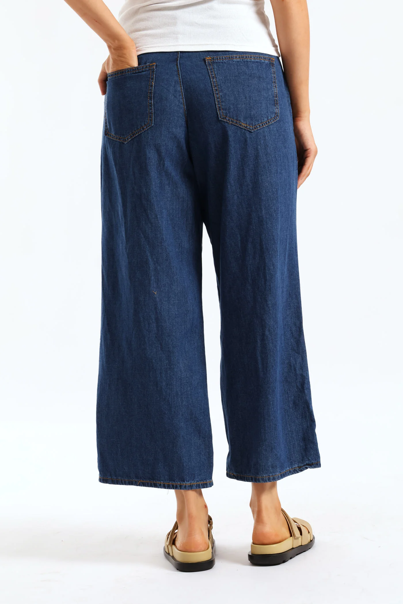 Self Belted Paperbag Straight Leg Denim - Medium Wash - Image 3