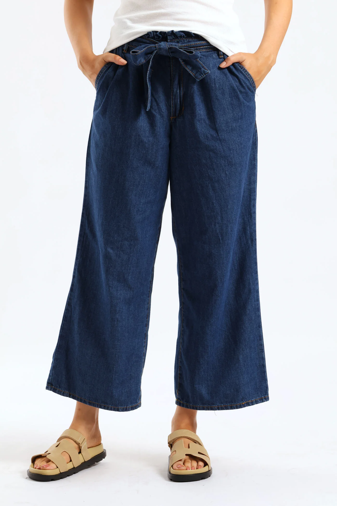Self Belted Paperbag Straight Leg Denim - Medium Wash - Image 4