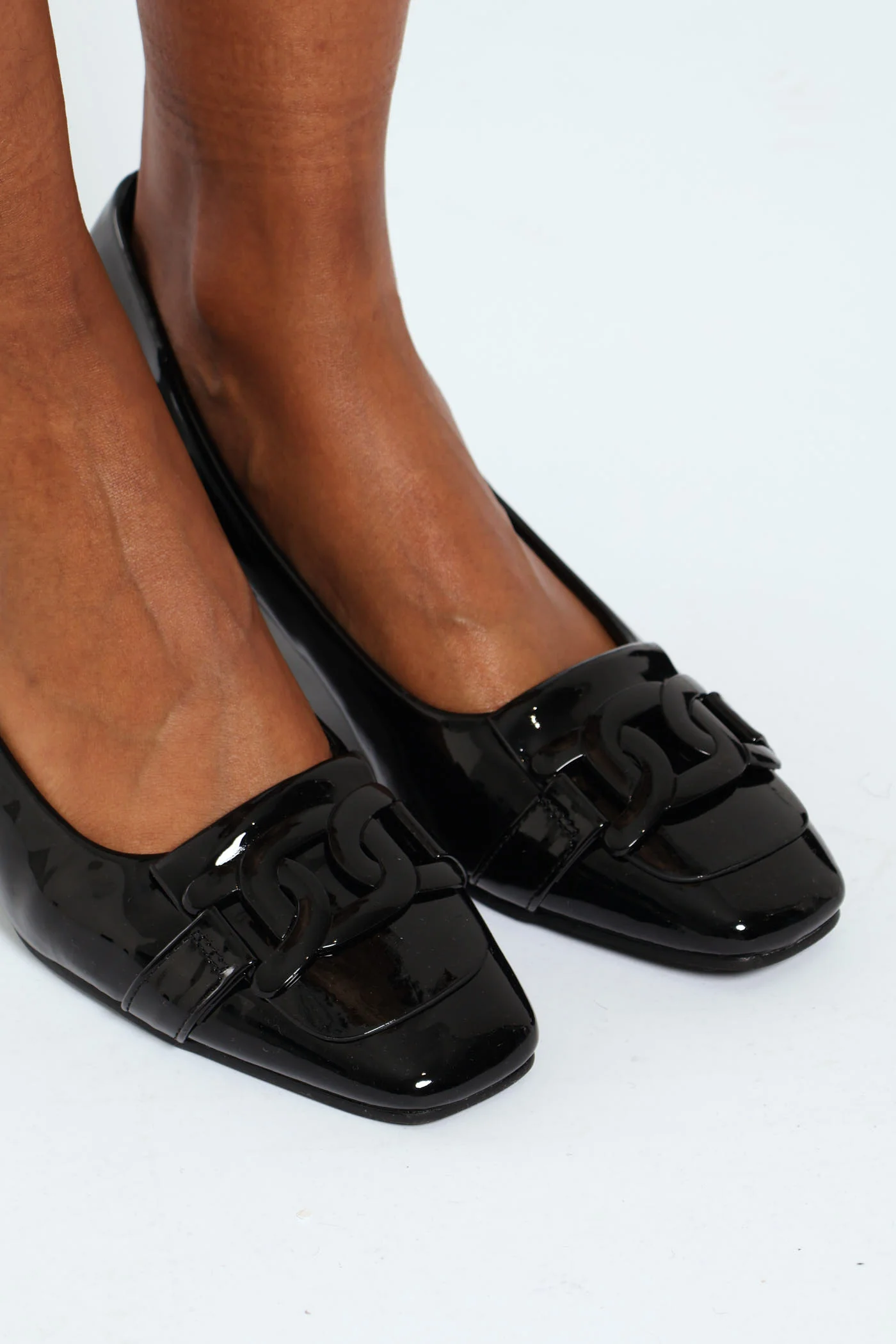 Self Colour Trim Patent Block Court Heel - Black - Image 2