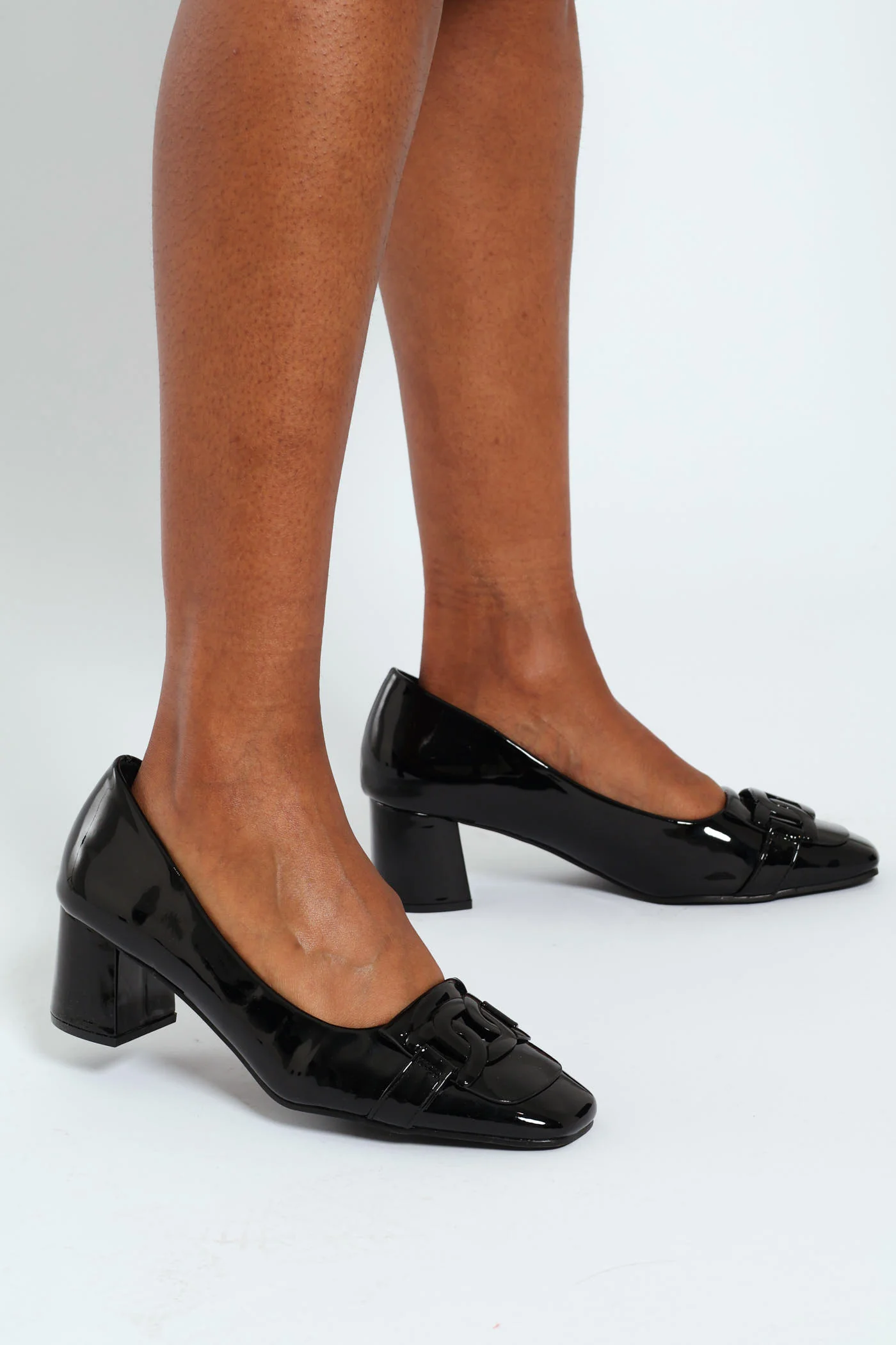 Self Colour Trim Patent Block Court Heel - Black - Image 4