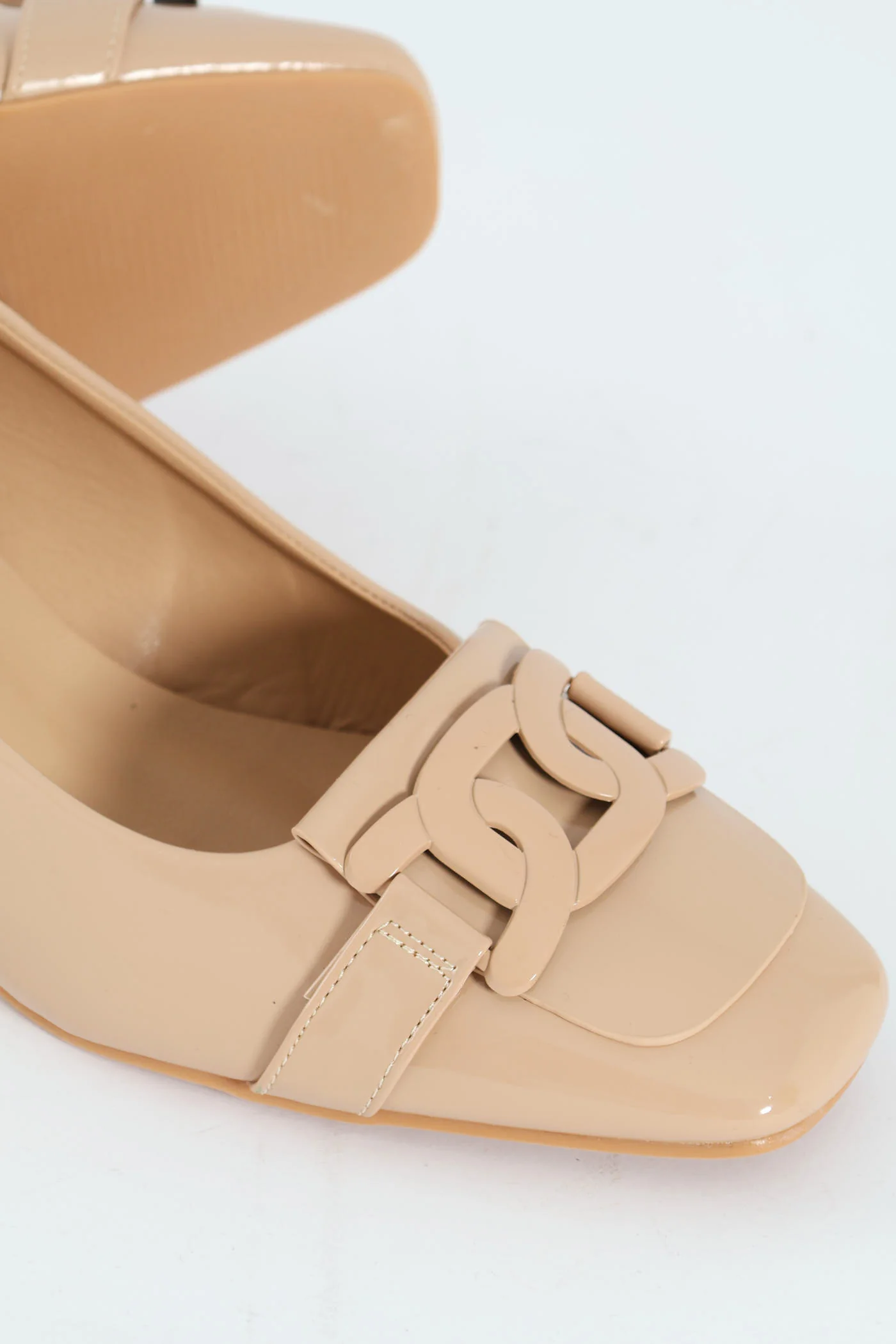 Self Colour Trim Patent Block Court Heel - Cream - Image 2