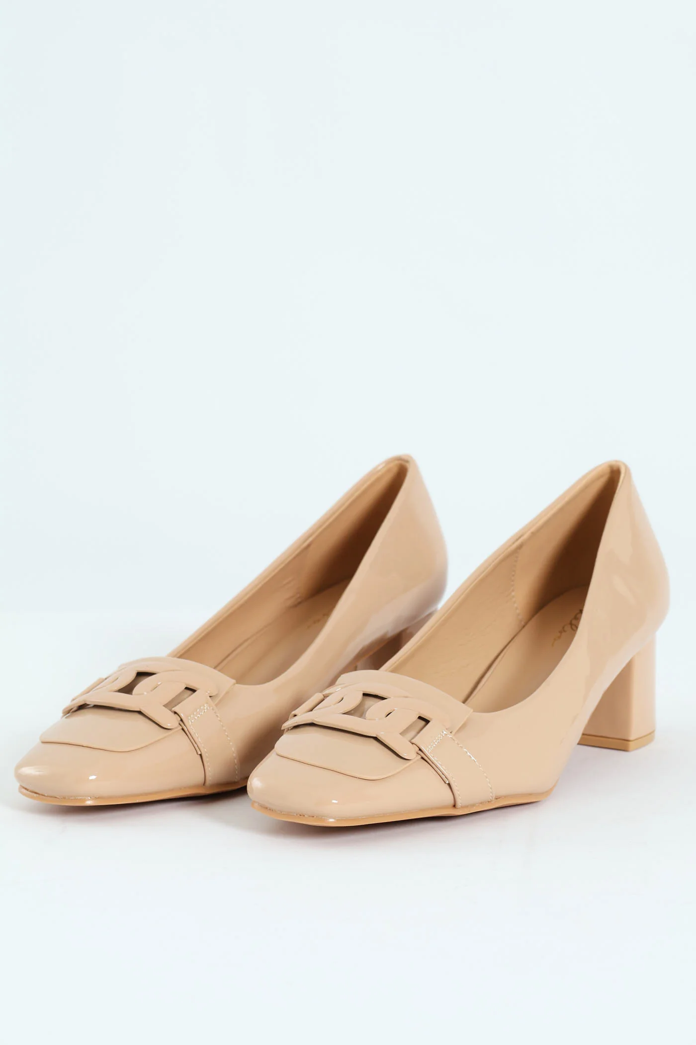 Self Colour Trim Patent Block Court Heel - Cream - Image 3