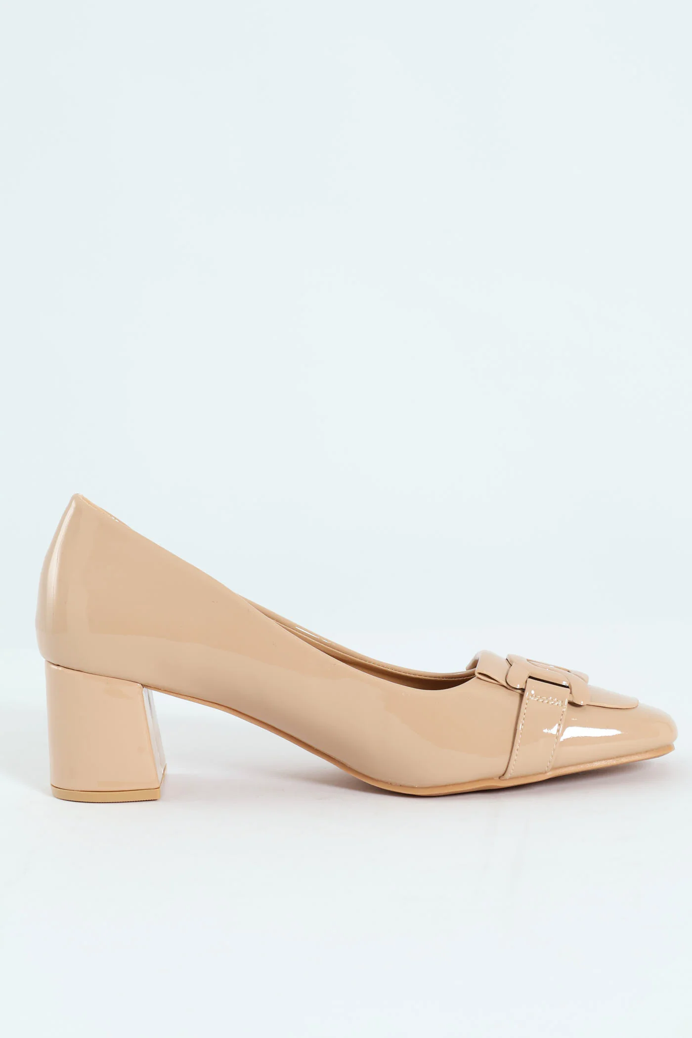 Self Colour Trim Patent Block Court Heel - Cream - Image 5