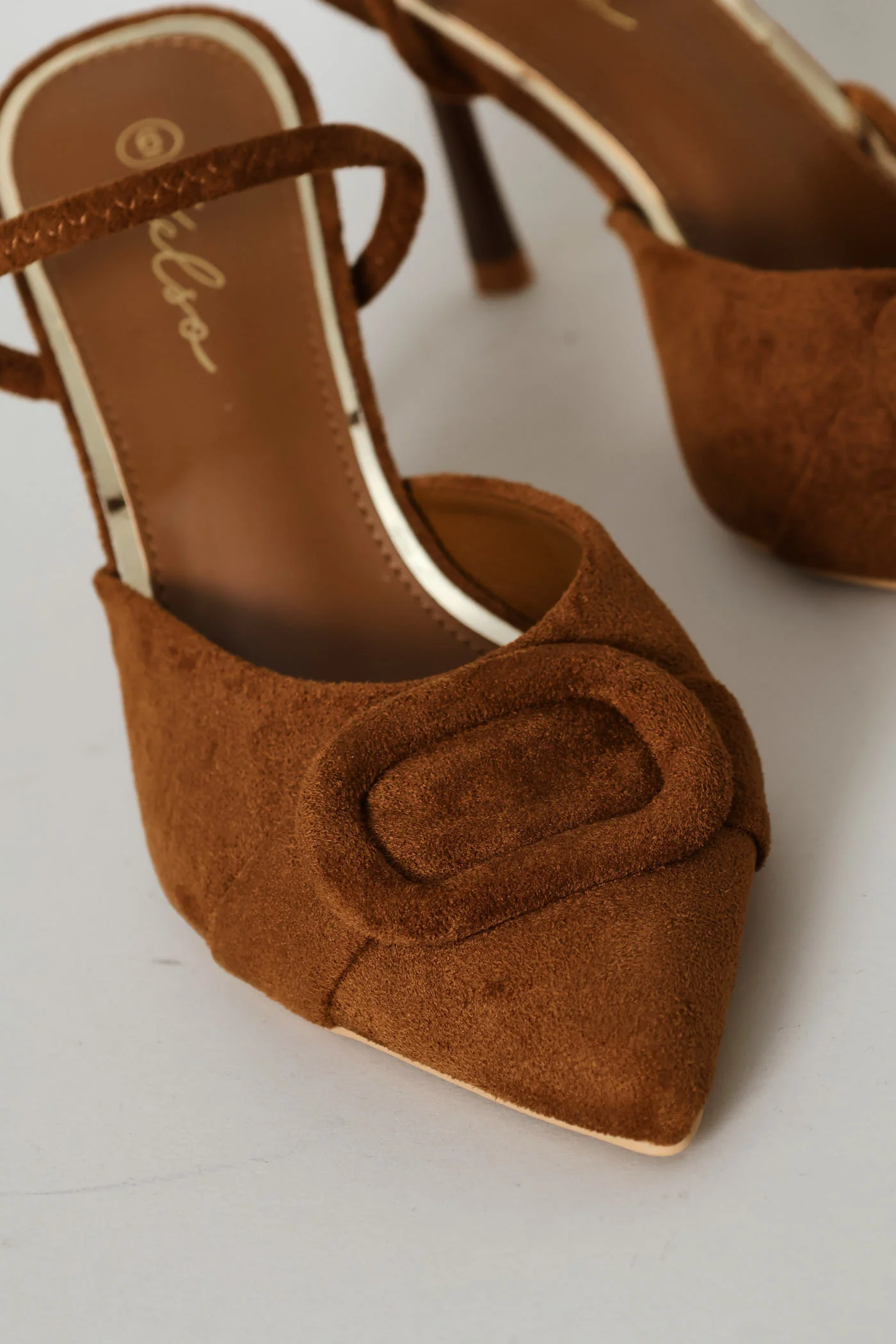Self Fabric Trim Elastic Slingback Kitten Heel - Tan - Image 2