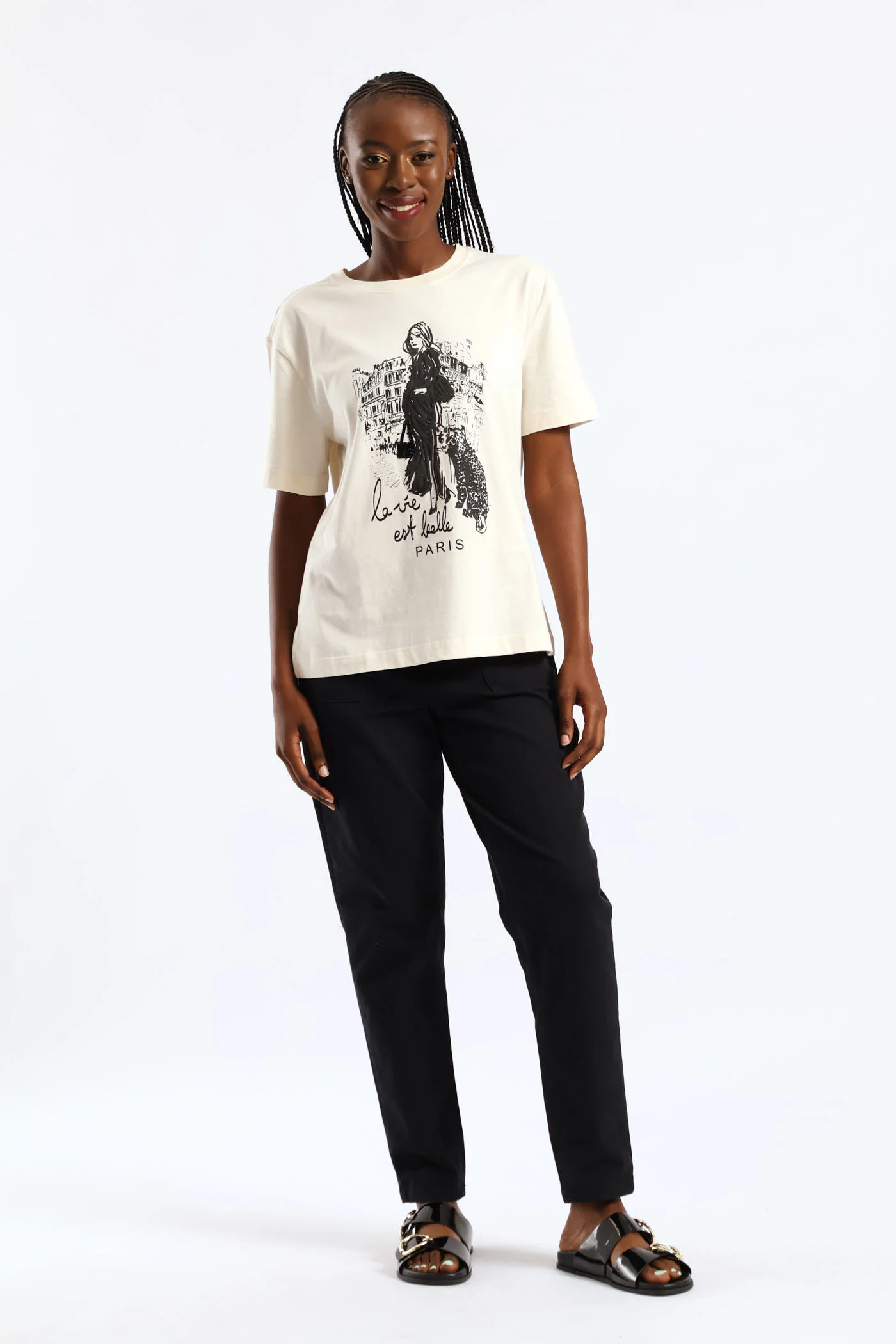 Sequin & Puff Print C'Est La Vie Paris Tee - Fawn - Image 3