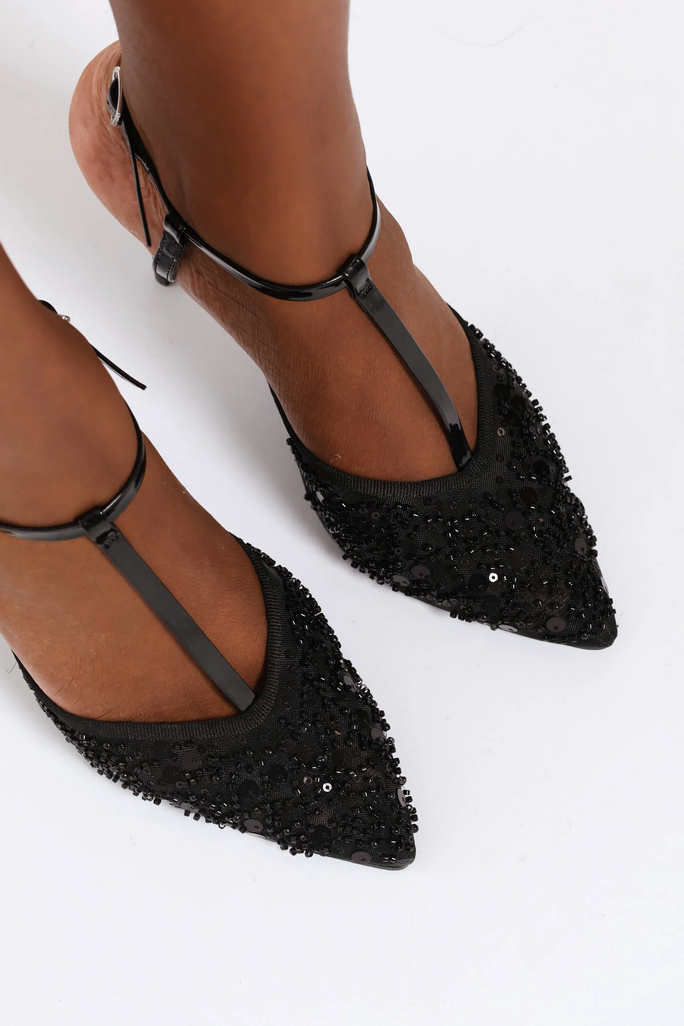 Sequin Ankle Strap Pointed Stiletto Heel - Black - Image 4