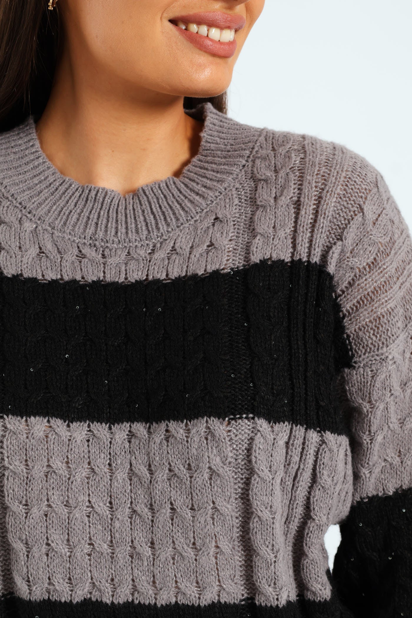Sequin Stripe Cable Pullover - Black/Grey - Image 2