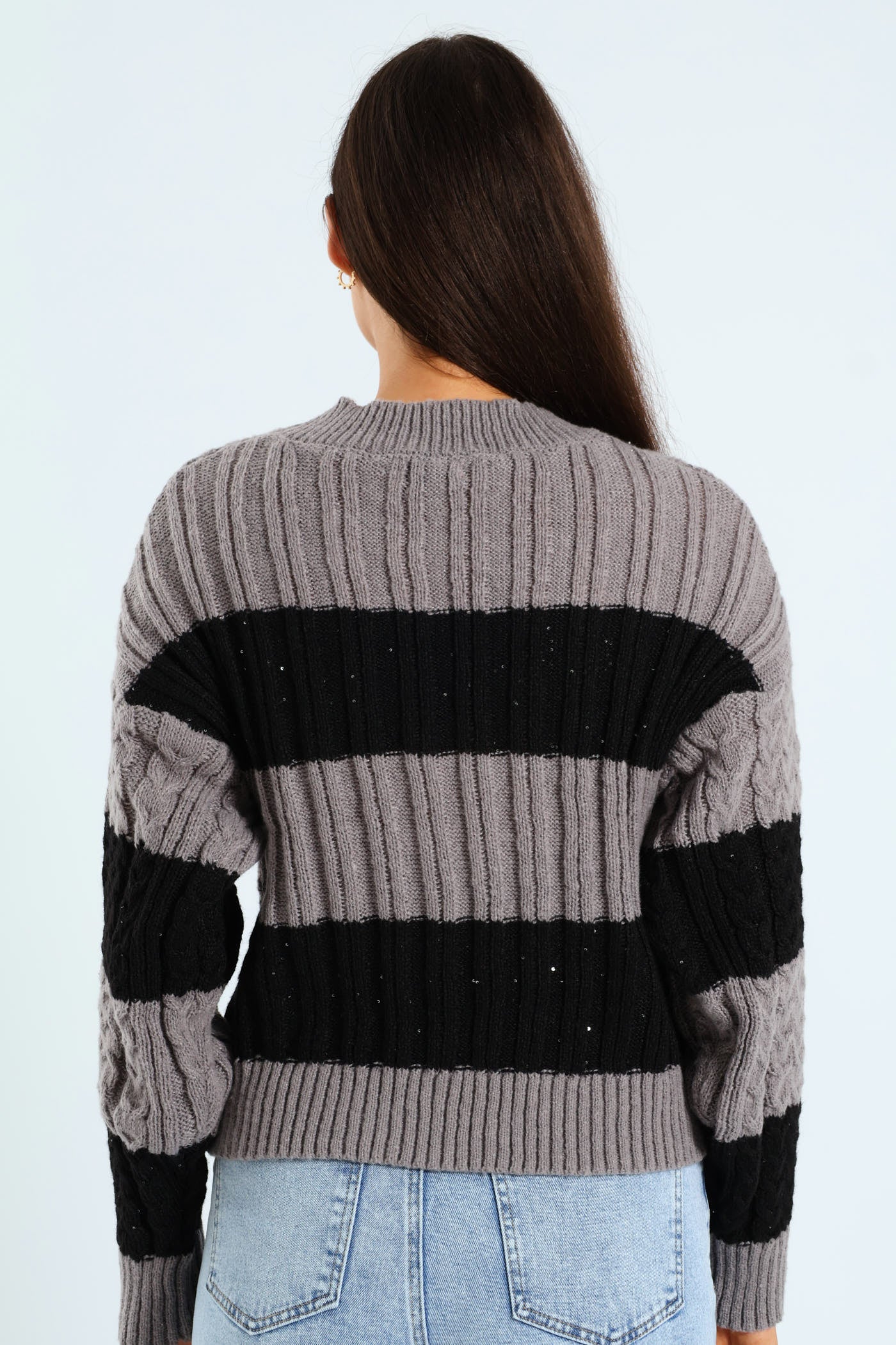 Sequin Stripe Cable Pullover - Black/Grey - Image 3