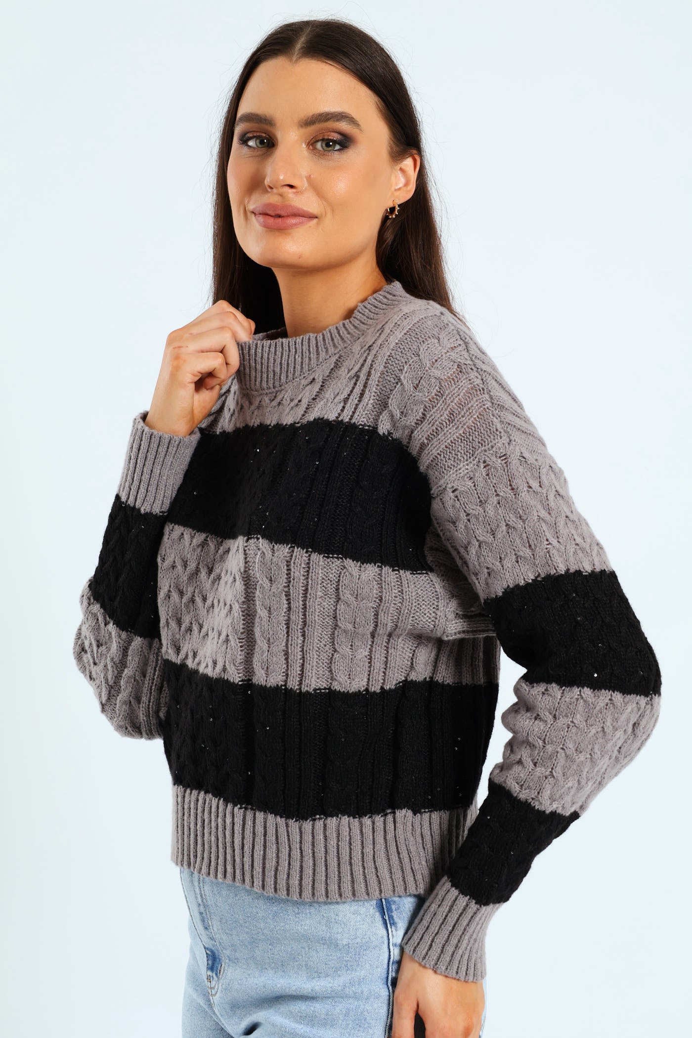 Sequin Stripe Cable Pullover - Black/Grey - Image 4