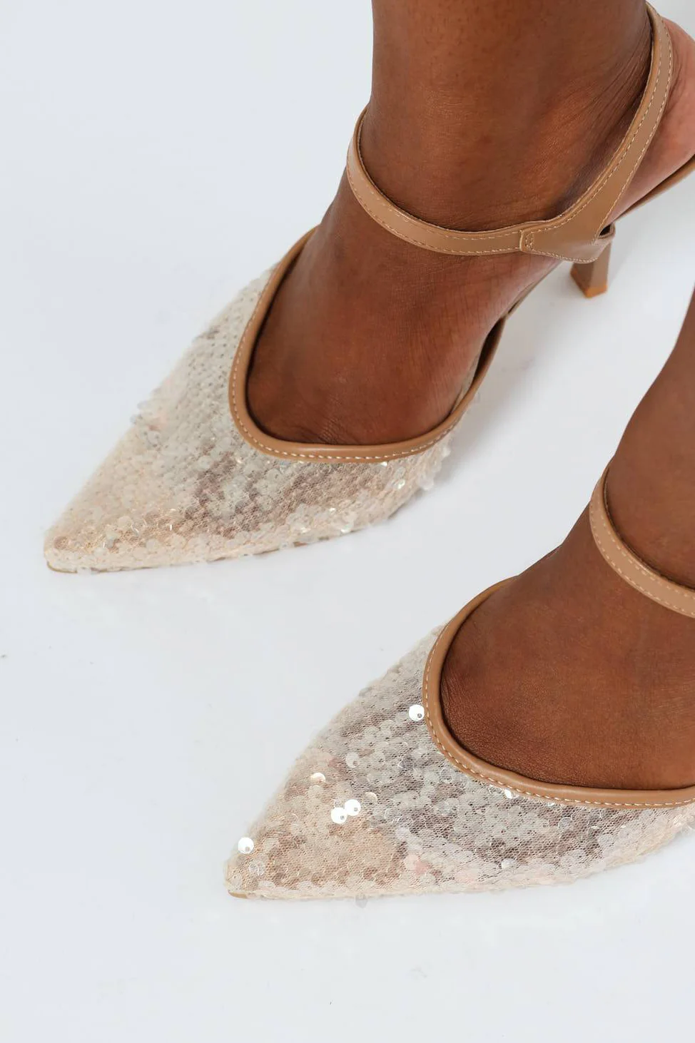 Sequined Pointed Toe Stiletto Heel - Champagne - Image 2