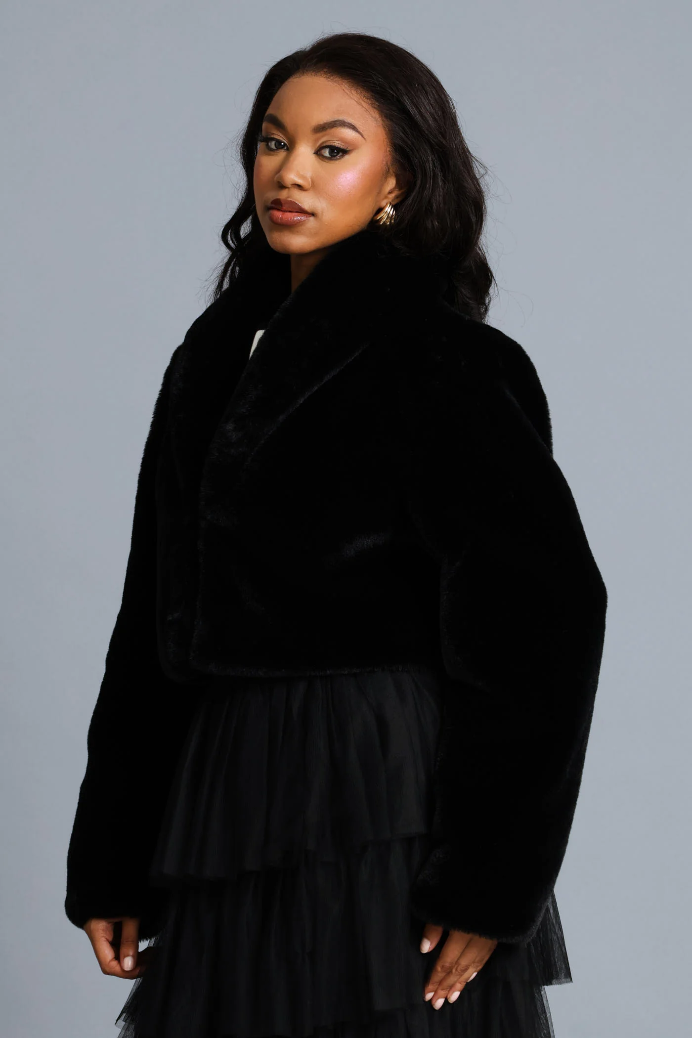 Shawl Collar Fur Coat - Black - Image 2