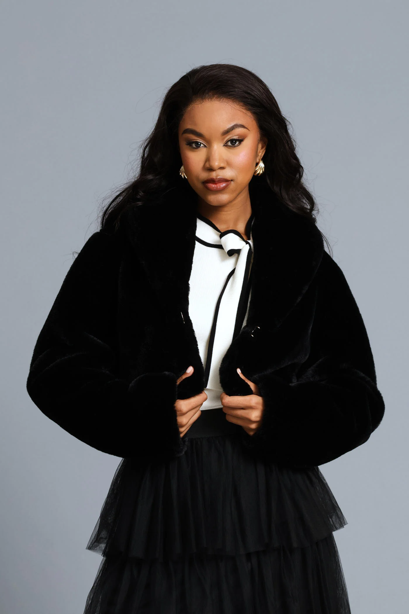 Shawl Collar Fur Coat - Black - Image 3