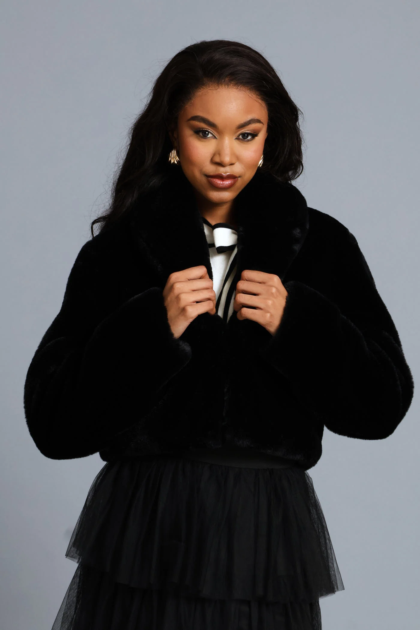 Shawl Collar Fur Coat - Black - Image 6