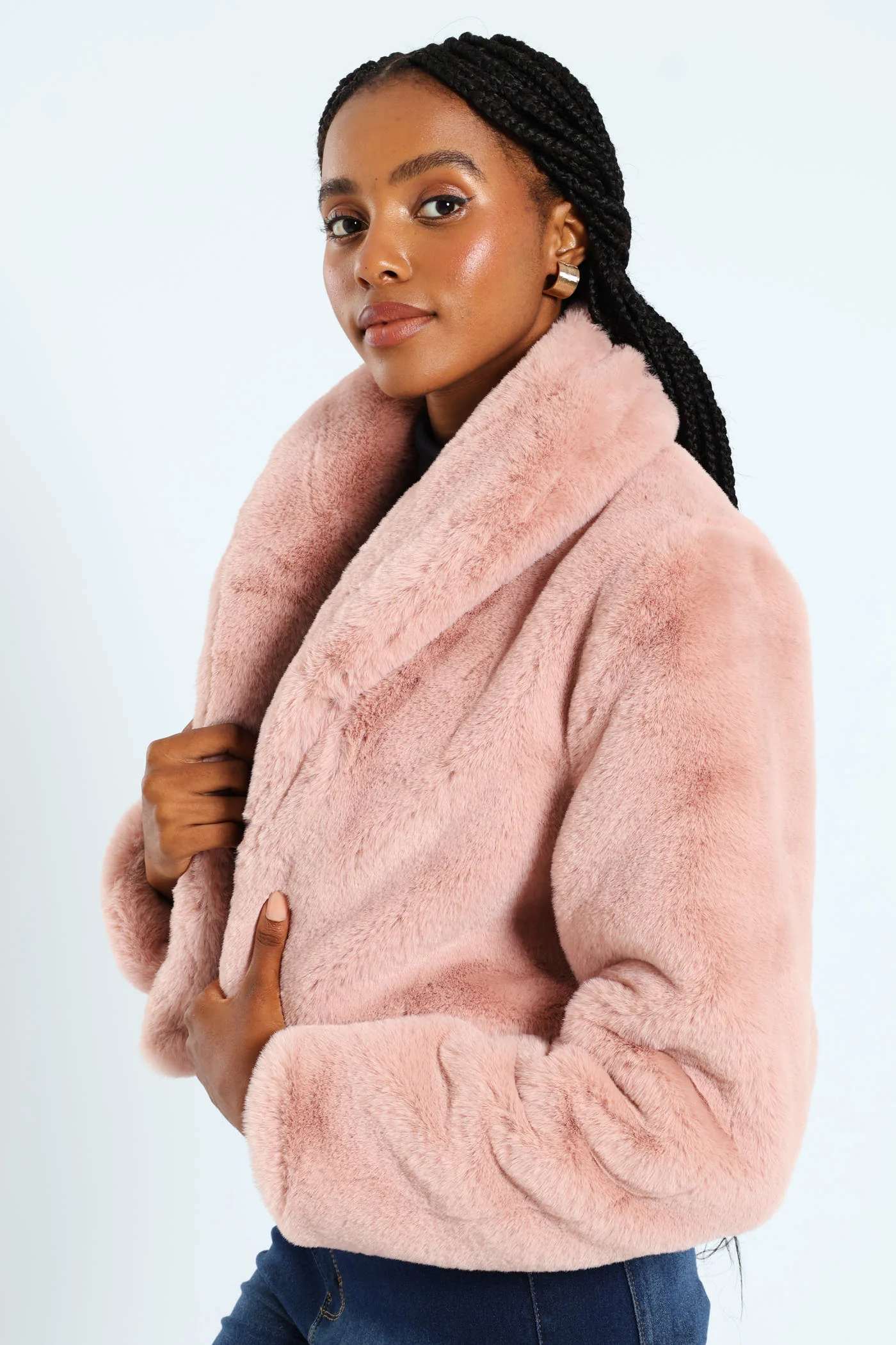 Shawl Collar Fur Coat - Dusty Pink - Image 2