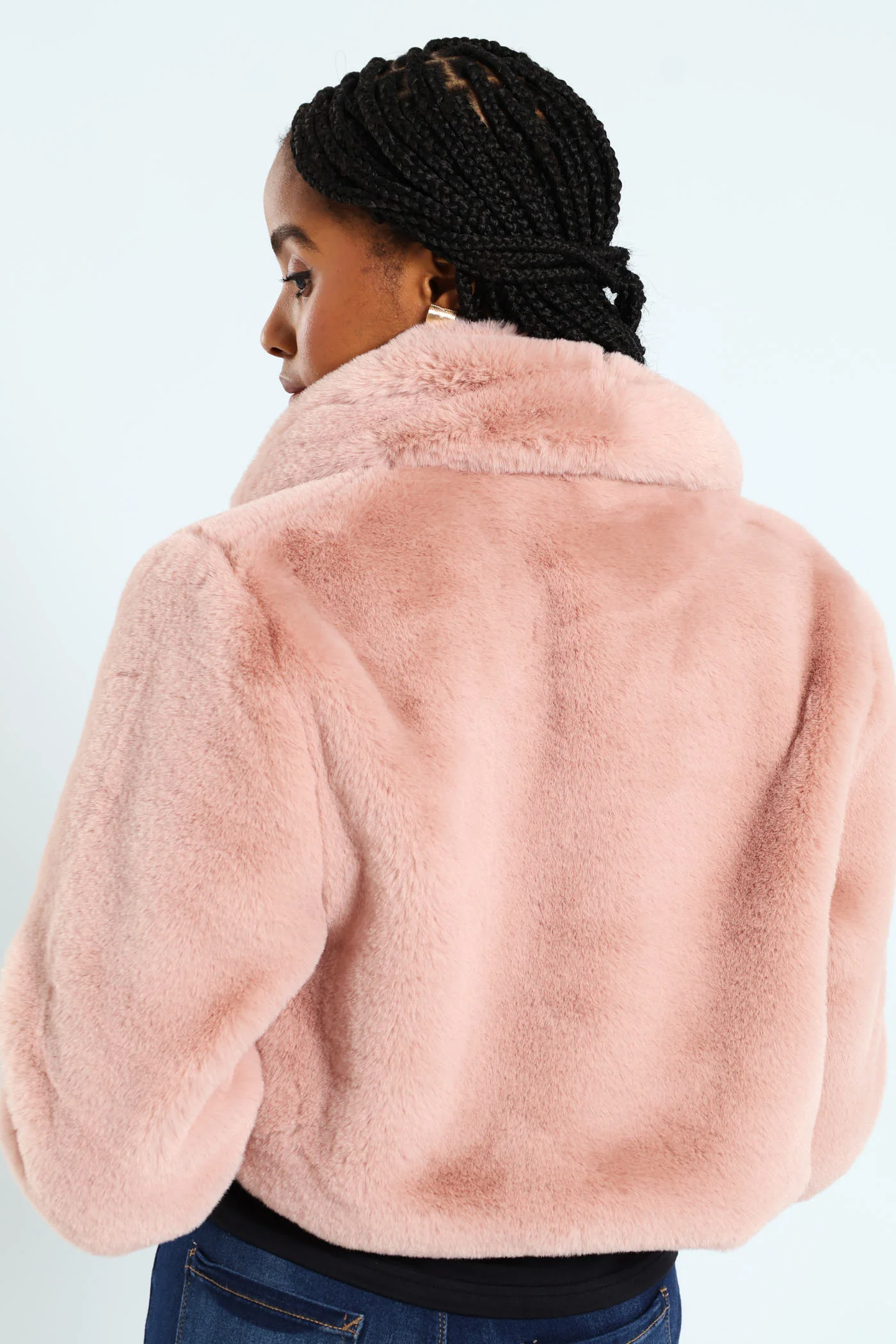 Shawl Collar Fur Coat - Dusty Pink - Image 3