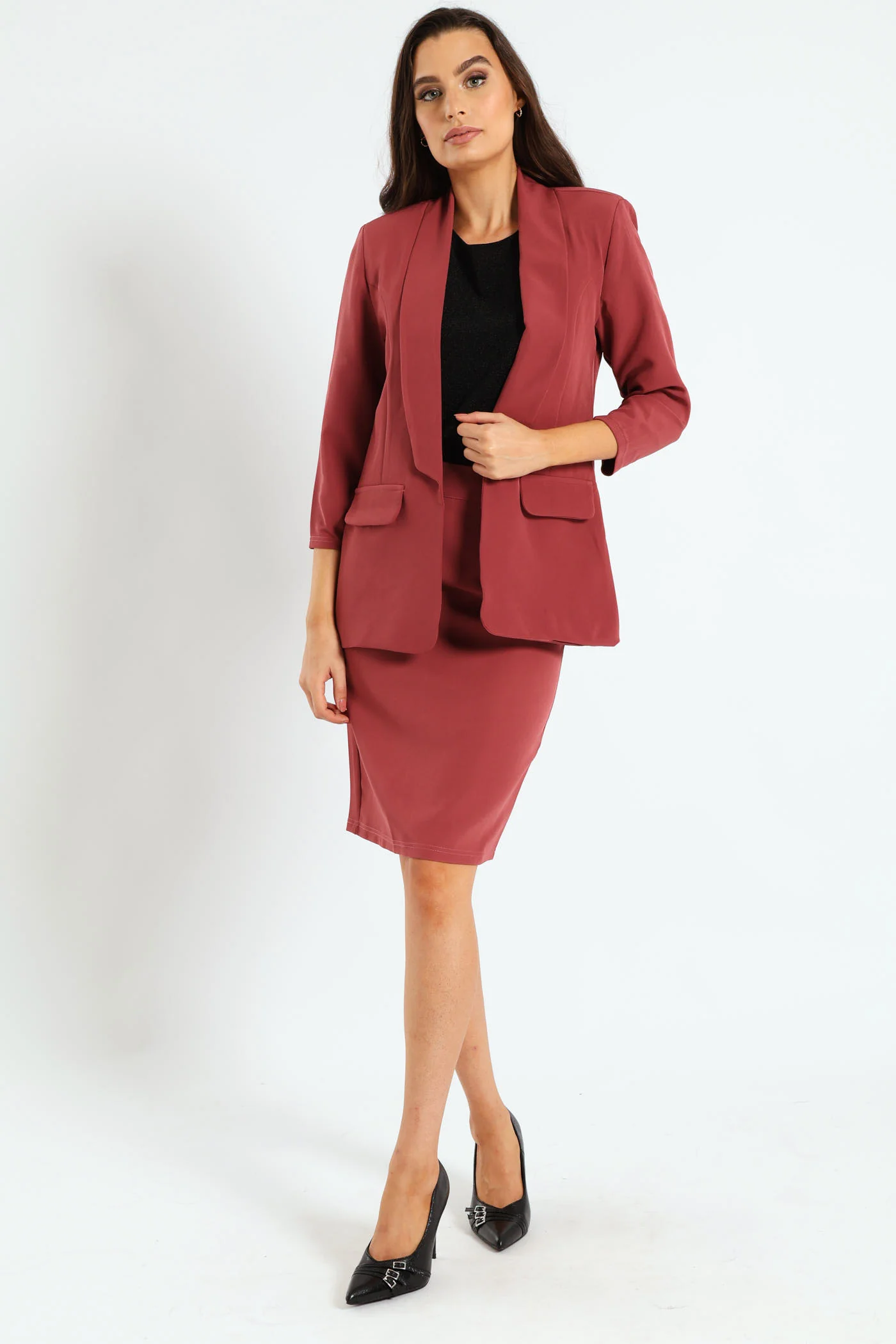Shawl Collar Gauged Sleeve Blazer - Dusty Pink - Image 2