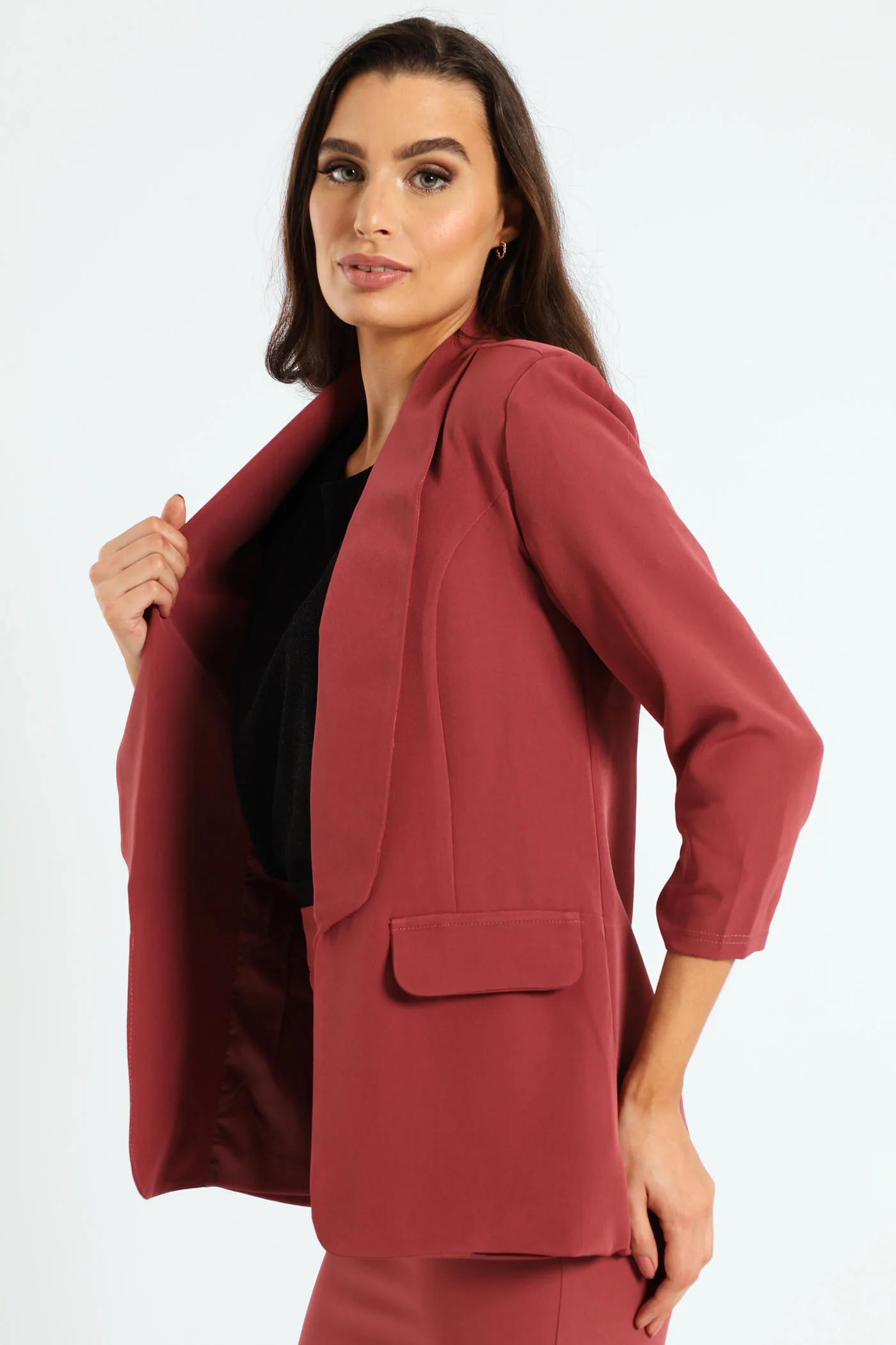 Shawl Collar Gauged Sleeve Blazer - Dusty Pink - Image 3