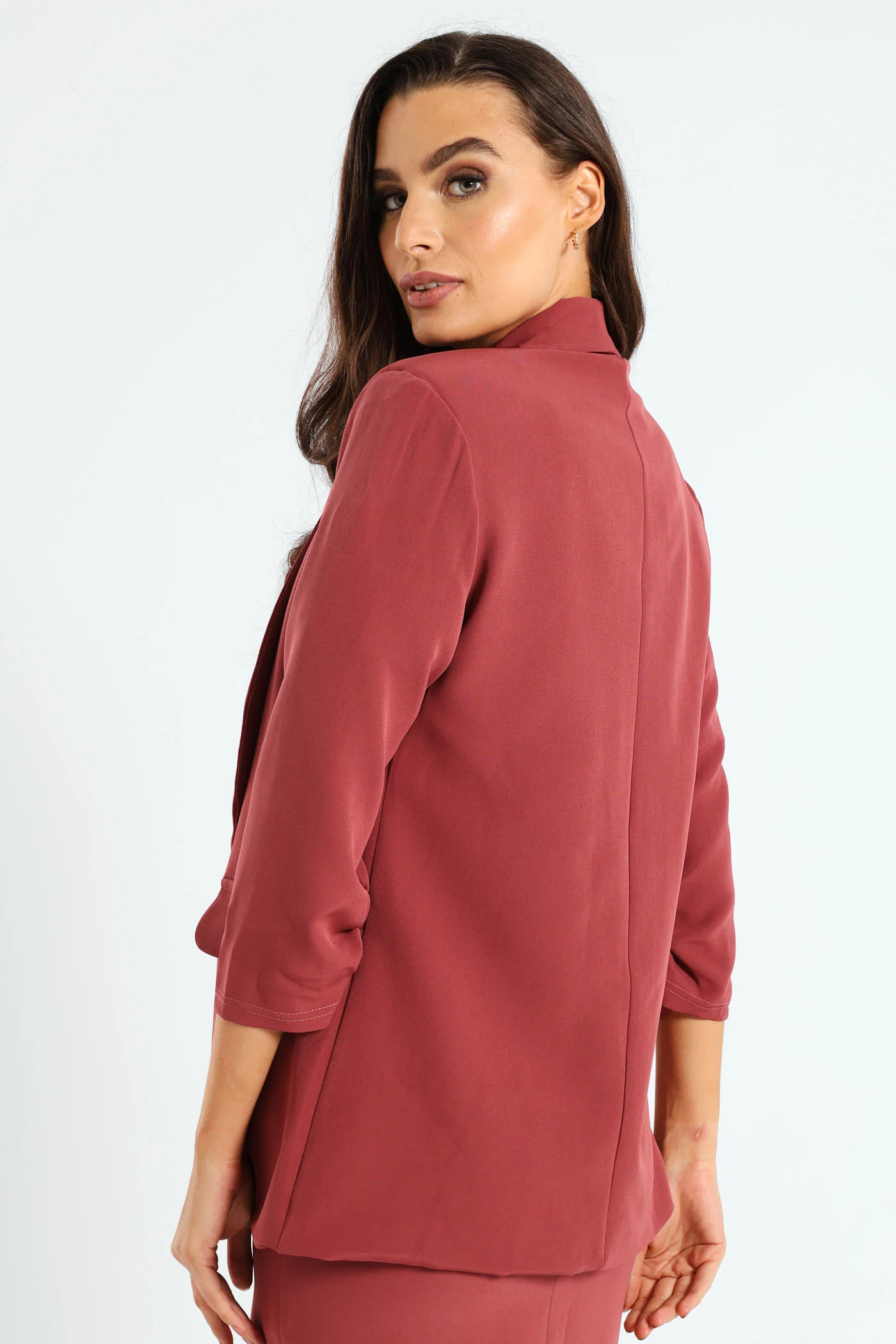 Shawl Collar Gauged Sleeve Blazer - Dusty Pink - Image 4