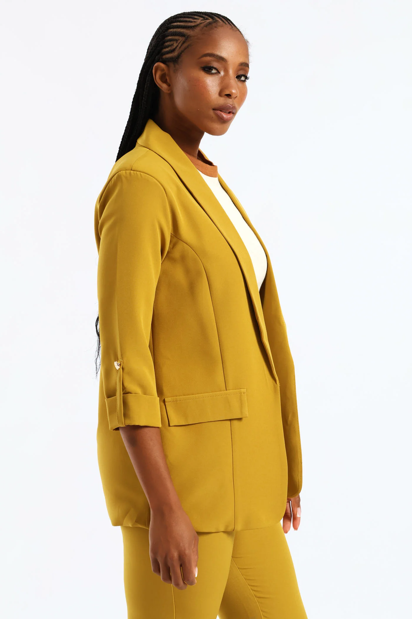 Shawl Collar Turn Up Sleeve Blazer - Chartreuse - Image 4