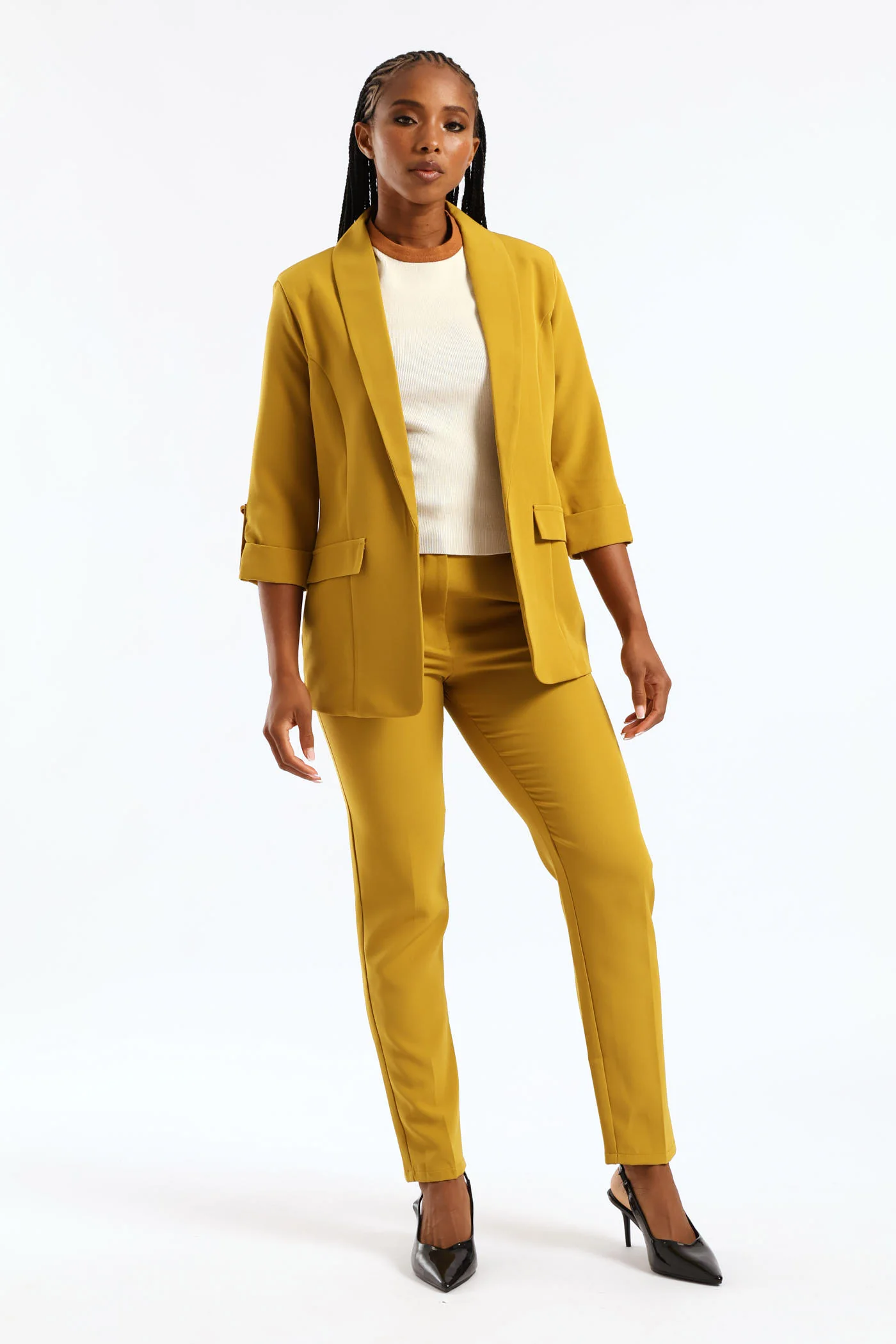 Shawl Collar Turn Up Sleeve Blazer - Chartreuse - Image 5
